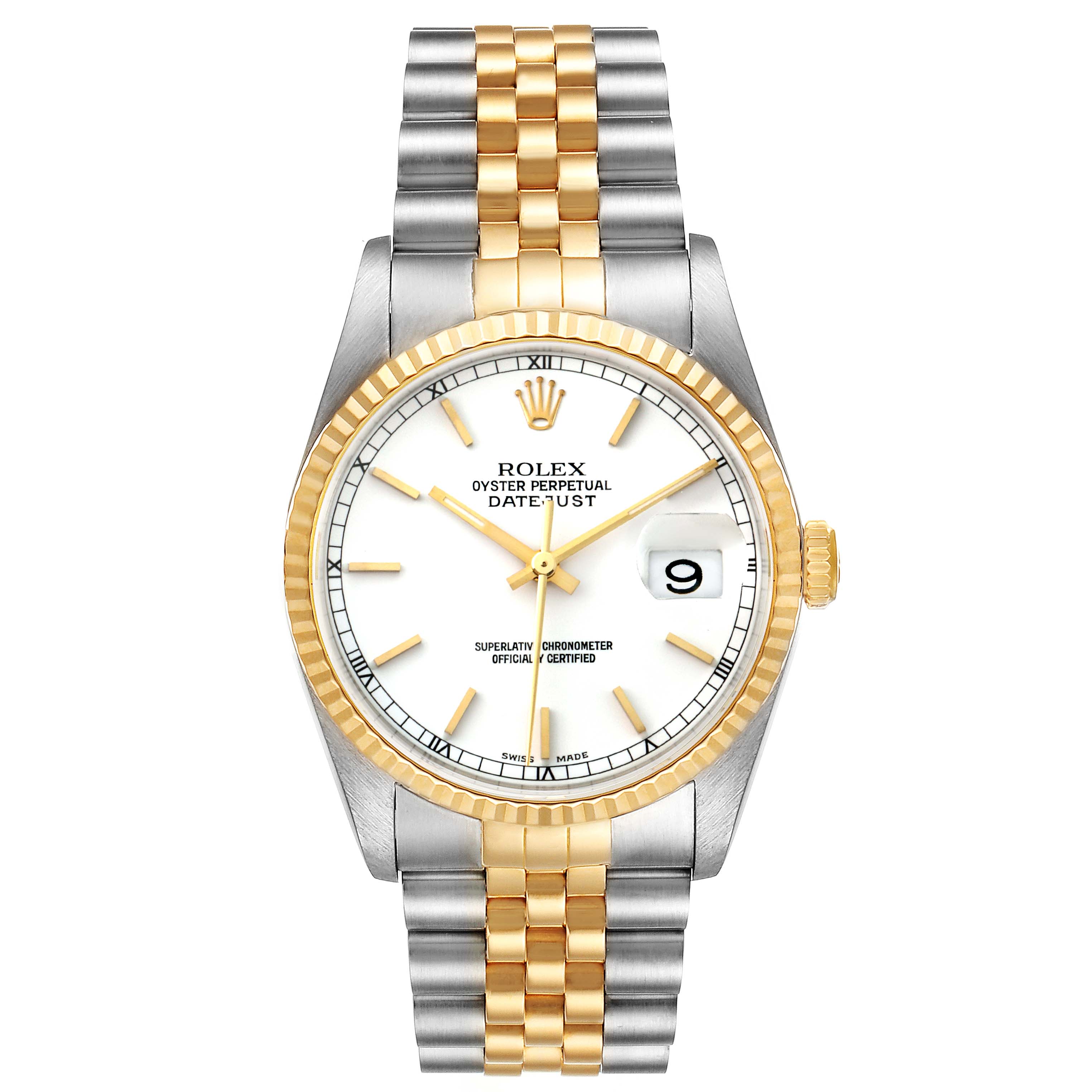 This image shows a Rolex Datejust 16233 Men's Steel and Gold (two tone) White Dial 16233 Men's Steel and Gold (two tone) White Dial watch from the front, highlighting the bracelet, dial, hands, and date window.