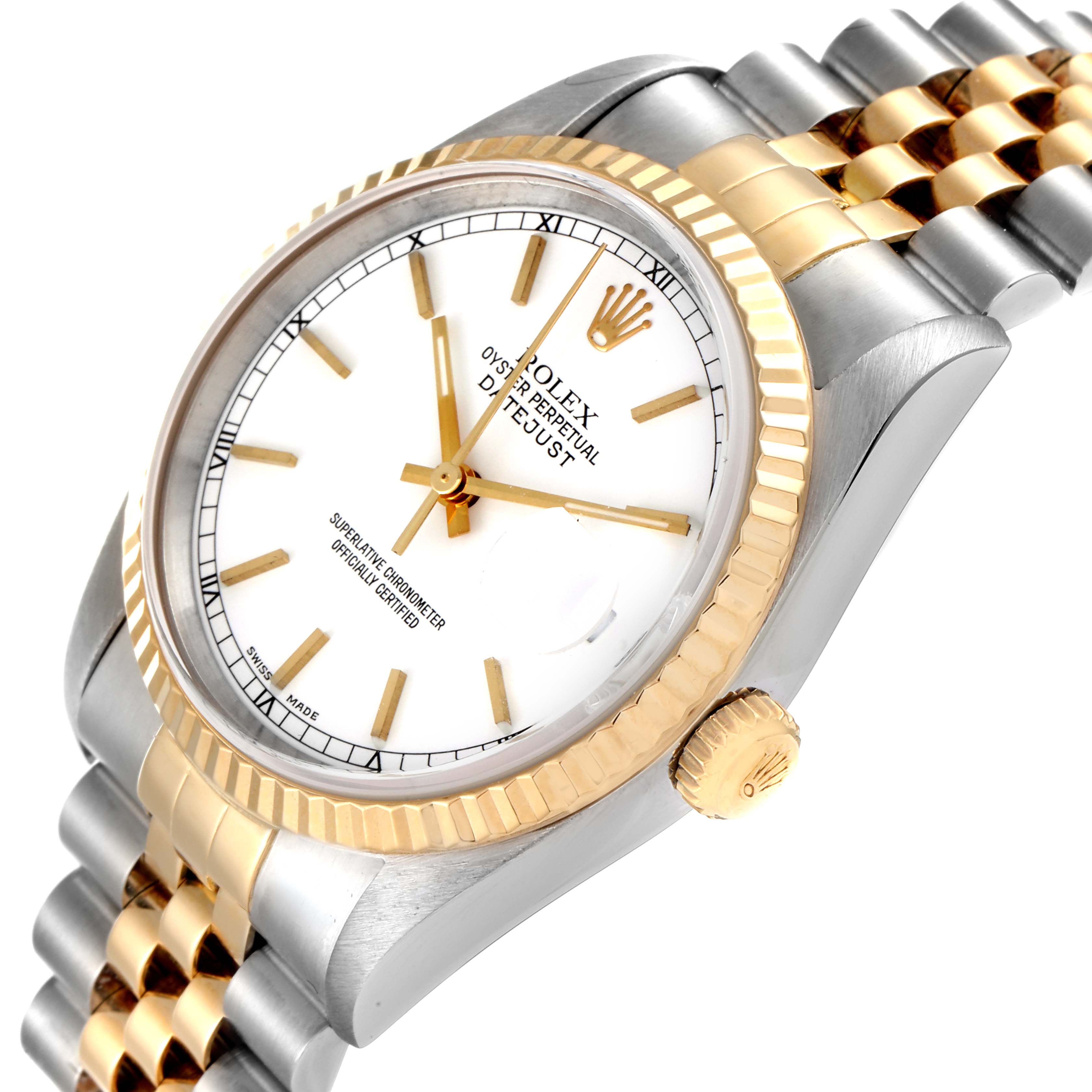 This image shows a close-up angle of the Rolex Datejust 16233 Men's Steel and Gold (two tone) White Dial 16233 Men's Steel and Gold (two tone) White Dial watch, highlighting the dial, bezel, and part of the bracelet.