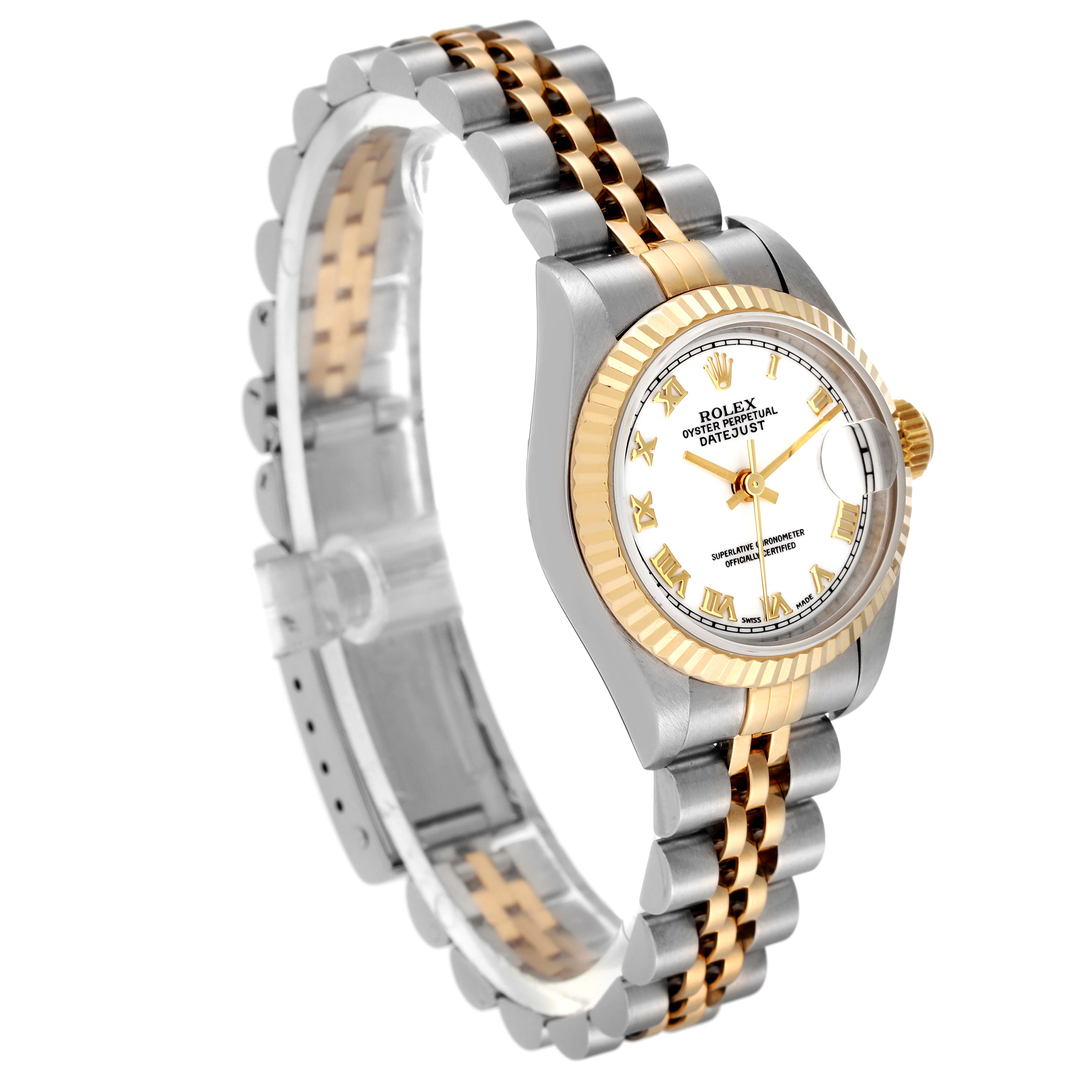 The image shows a side view of a Rolex Datejust 69173 Women's Steel and Gold (two tone) White Dial 69173 Women's Steel and Gold (two tone) White Dial watch, highlighting its two-tone bracelet, fluted bezel, and white dial.