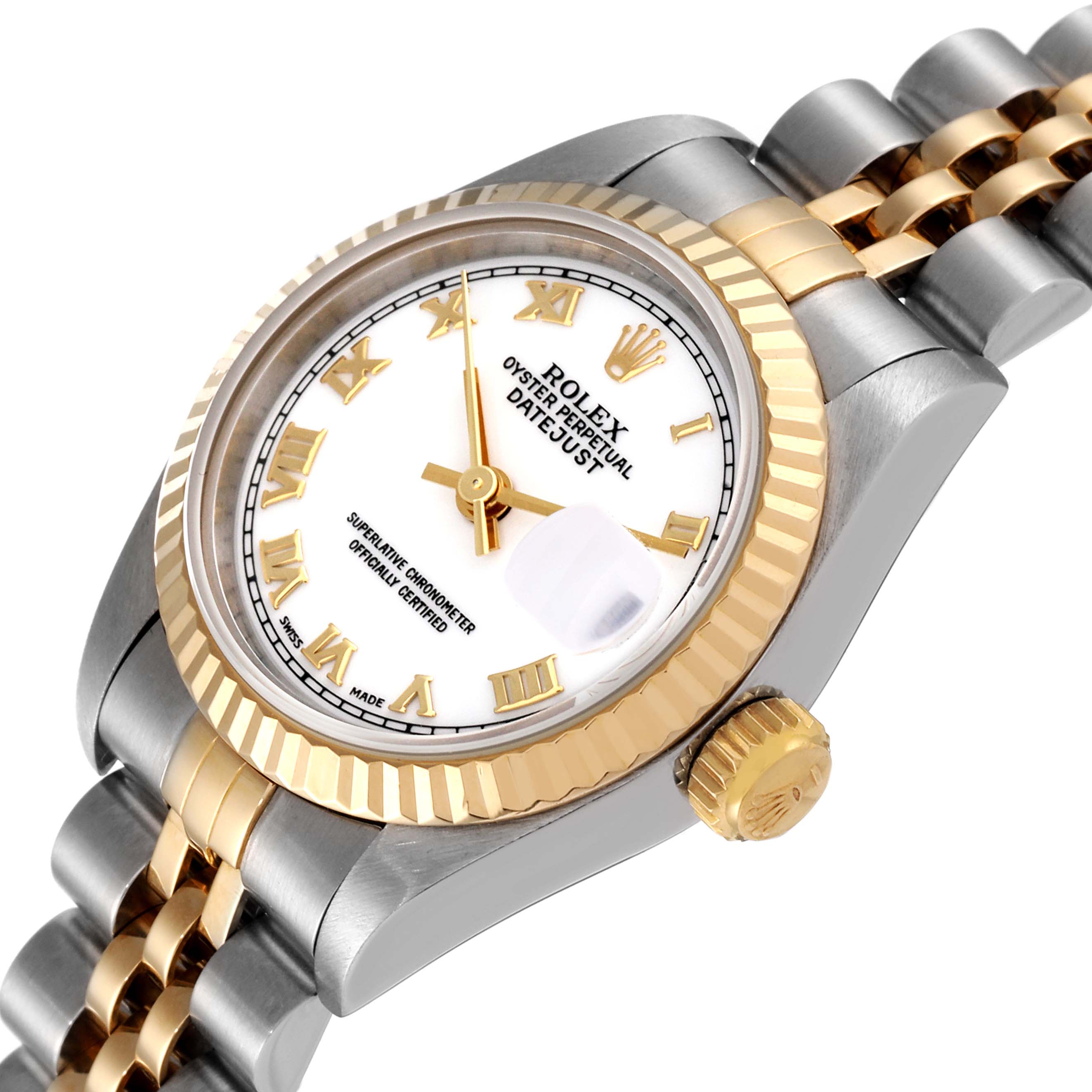 The Rolex Datejust 69173 Women's Steel and Gold (two tone) White Dial 69173 Women's Steel and Gold (two tone) White Dial watch is shown at a slight angle highlighting the dial, bezel, crown, and part of the bracelet.