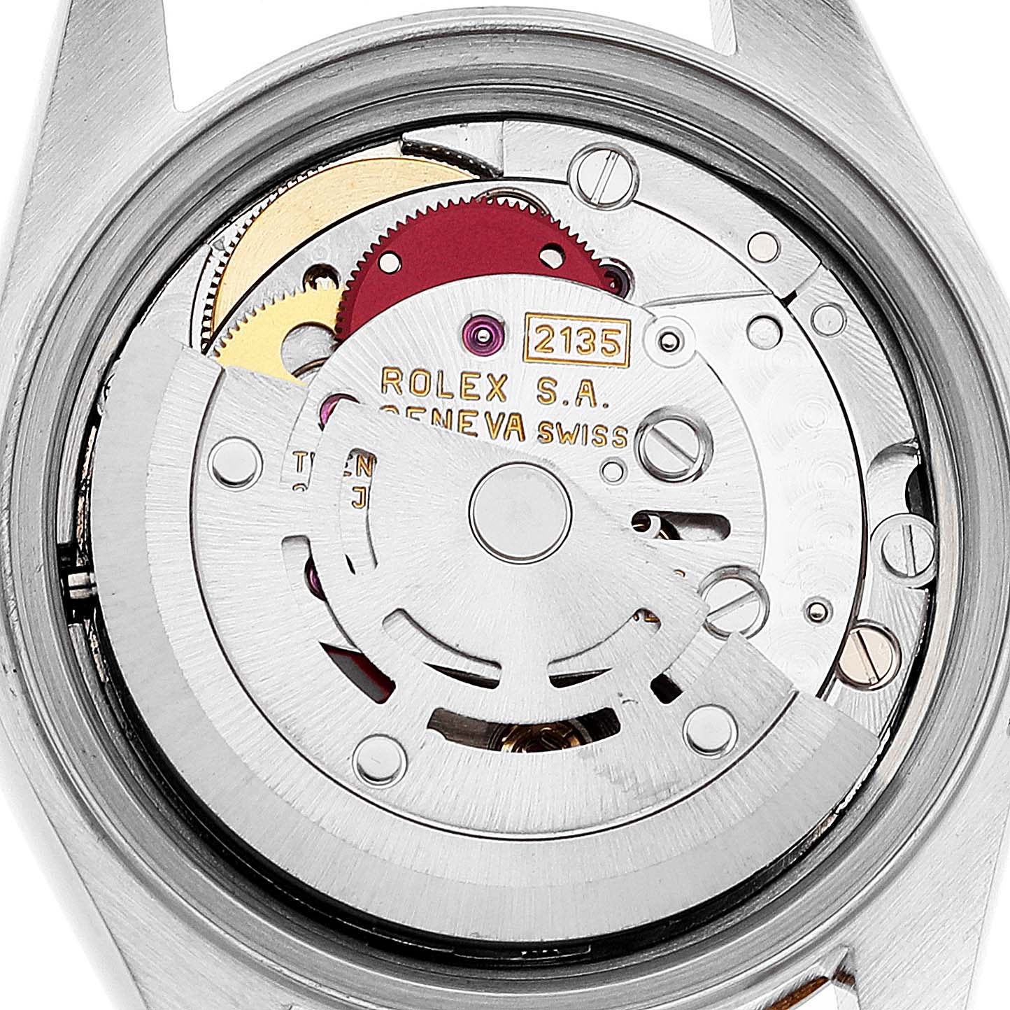 This image shows the movement mechanism of a Rolex Datejust 69173 Women's Steel and Gold (two tone) White Dial 69173 Women's Steel and Gold (two tone) White Dial model, viewed from the case back.