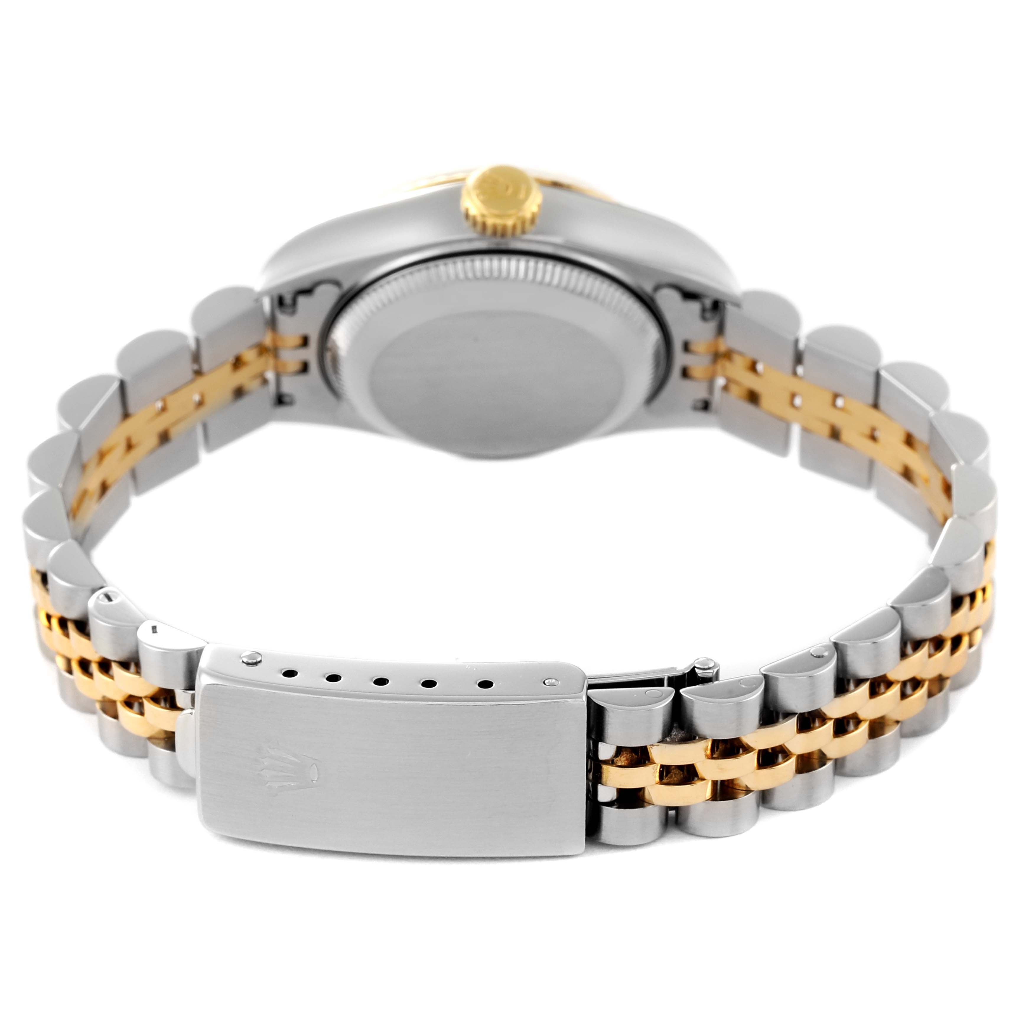This image shows the back of a Rolex Datejust 69173 Women's Steel and Gold (two tone) White Dial 69173 Women's Steel and Gold (two tone) White Dial watch, including the clasp and part of the bracelet.