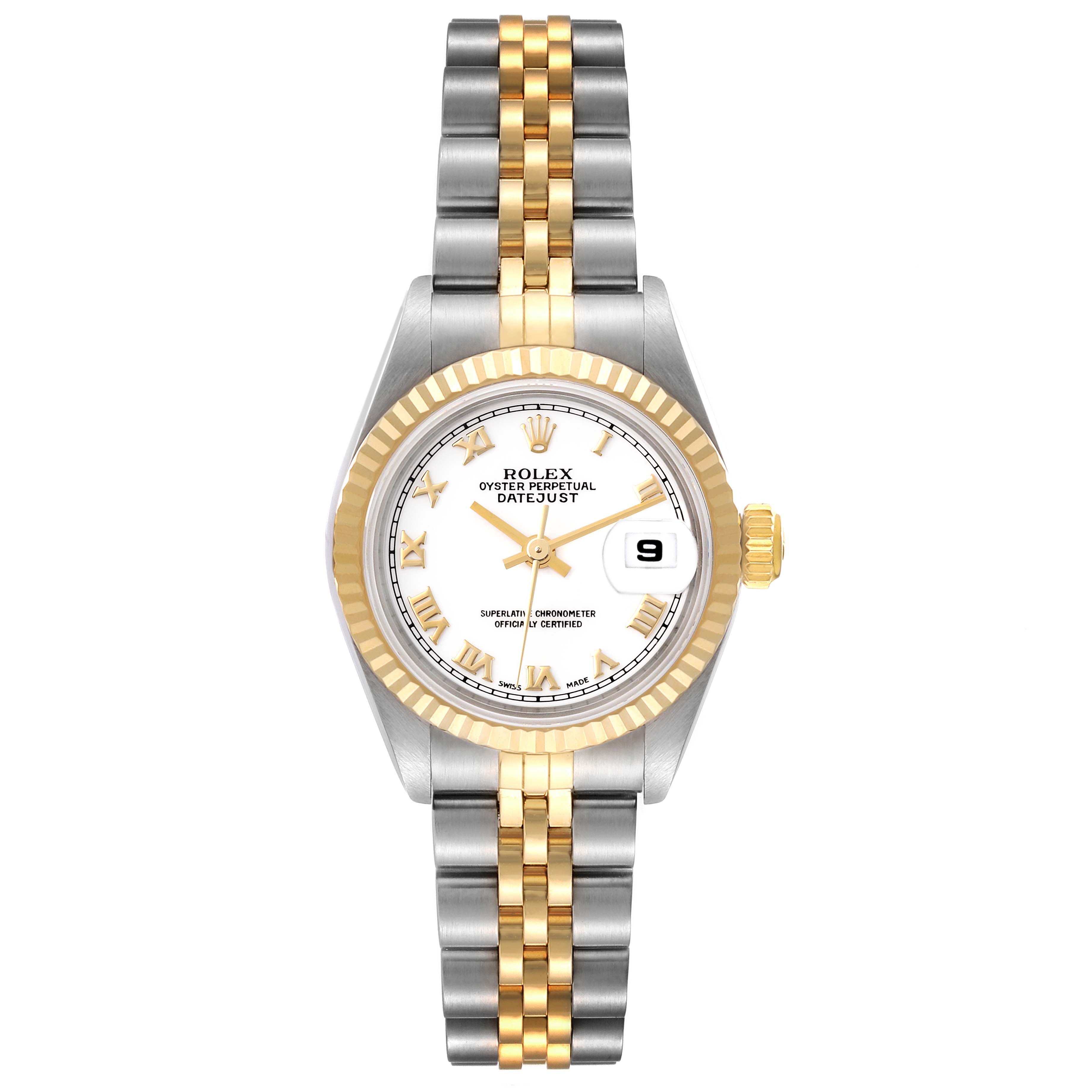 This is a front view of a Rolex Datejust 69173 Women's Steel and Gold (two tone) White Dial 69173 Women's Steel and Gold (two tone) White Dial watch, showcasing the dial, bezel, and two-tone bracelet.
