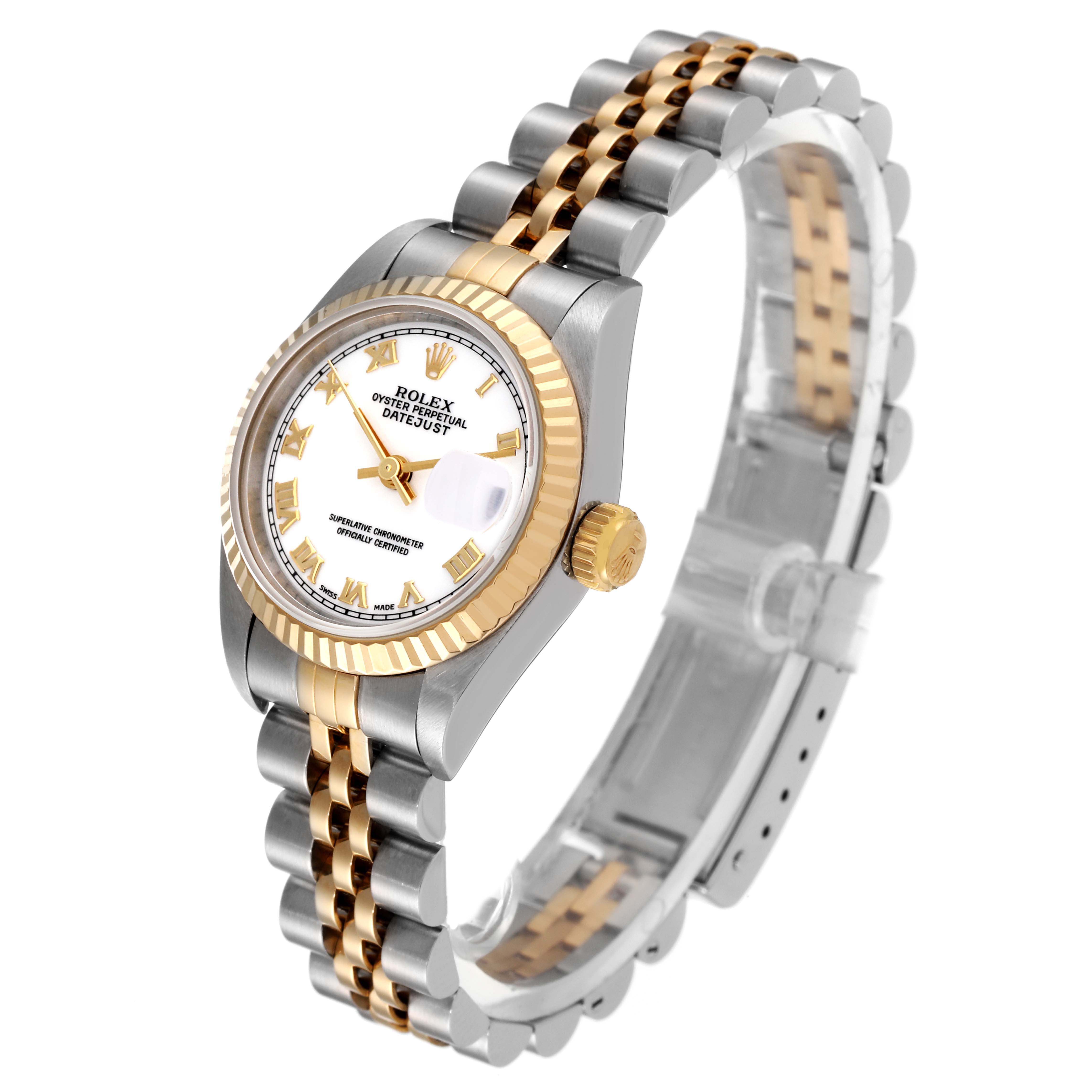 The Rolex Datejust 69173 Women's Steel and Gold (two tone) White Dial 69173 Women's Steel and Gold (two tone) White Dial watch is shown at a three-quarter angle highlighting the face, crown, bezel, and jubilee bracelet.