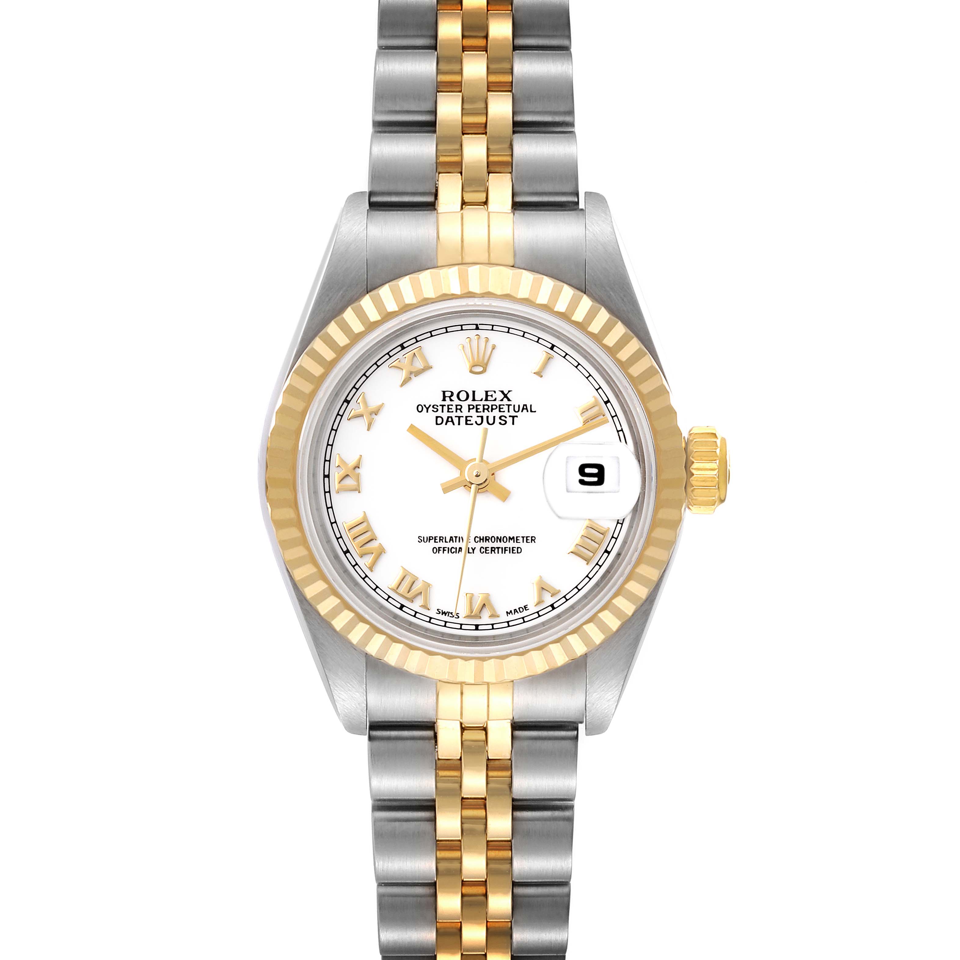 The Rolex Datejust 69173 Women's Steel and Gold (two tone) White Dial 69173 Women's Steel and Gold (two tone) White Dial watch is shown from a top-down angle, displaying the dial, bezel, and Jubilee bracelet.