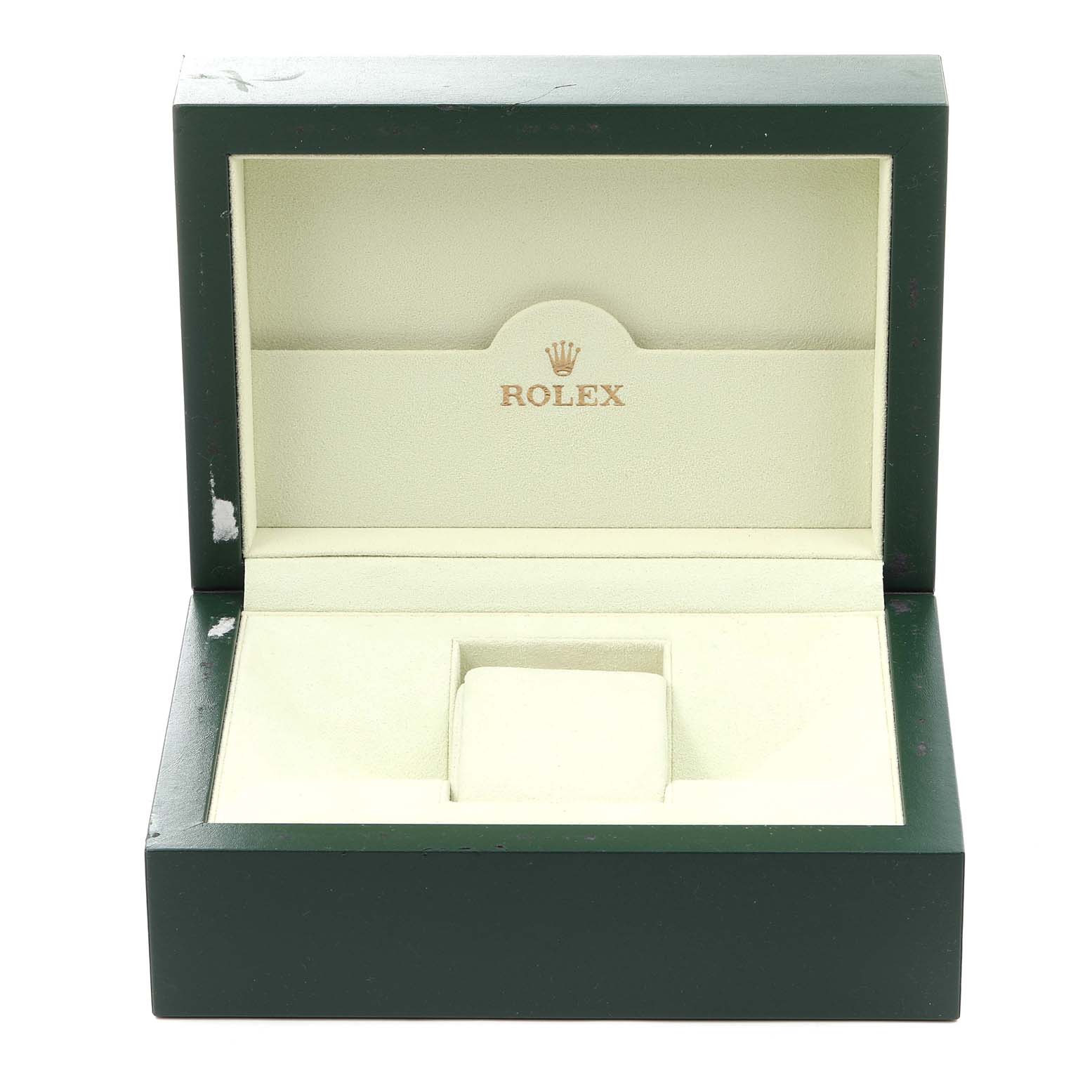 This image shows an open green and beige box for a Rolex Datejust 16233 Men's Steel and Gold (two tone) White Dial 16233 Men's Steel and Gold (two tone) White Dial model watch, displaying the interior with the Rolex logo.