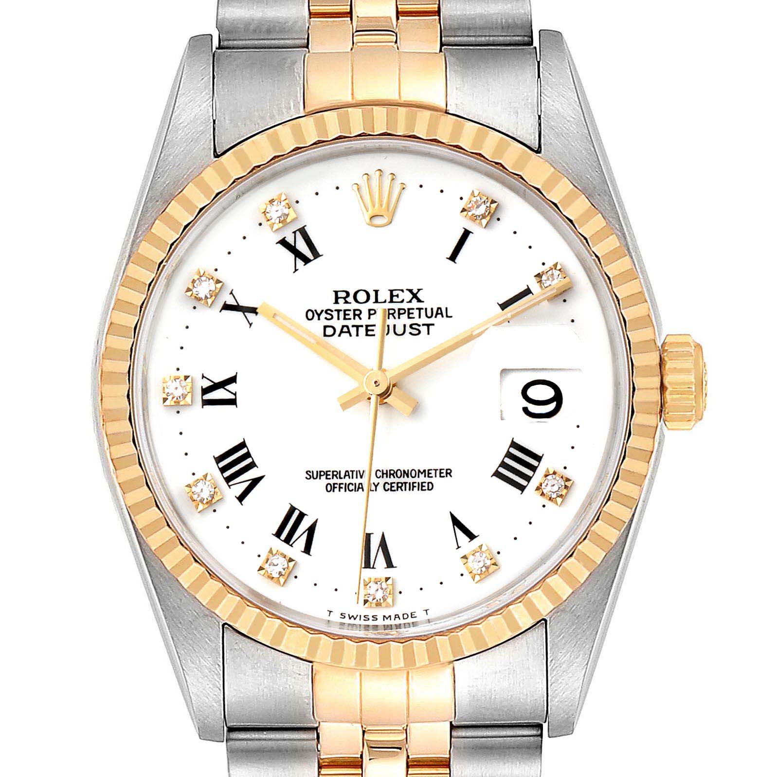 This is a close-up of the Rolex Datejust 16233 Men's Steel and Gold (two tone) White Dial 16233 Men's Steel and Gold (two tone) White Dial watch, showing the dial, bezel, crown, and part of the bracelet.