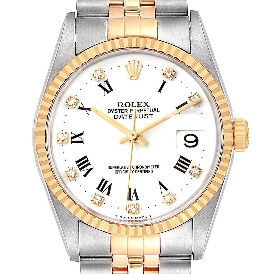 Rolex Datejust Steel Yellow Gold White Roman Diamond Dial Mens Watch 16233 Box SwissWatchExpo