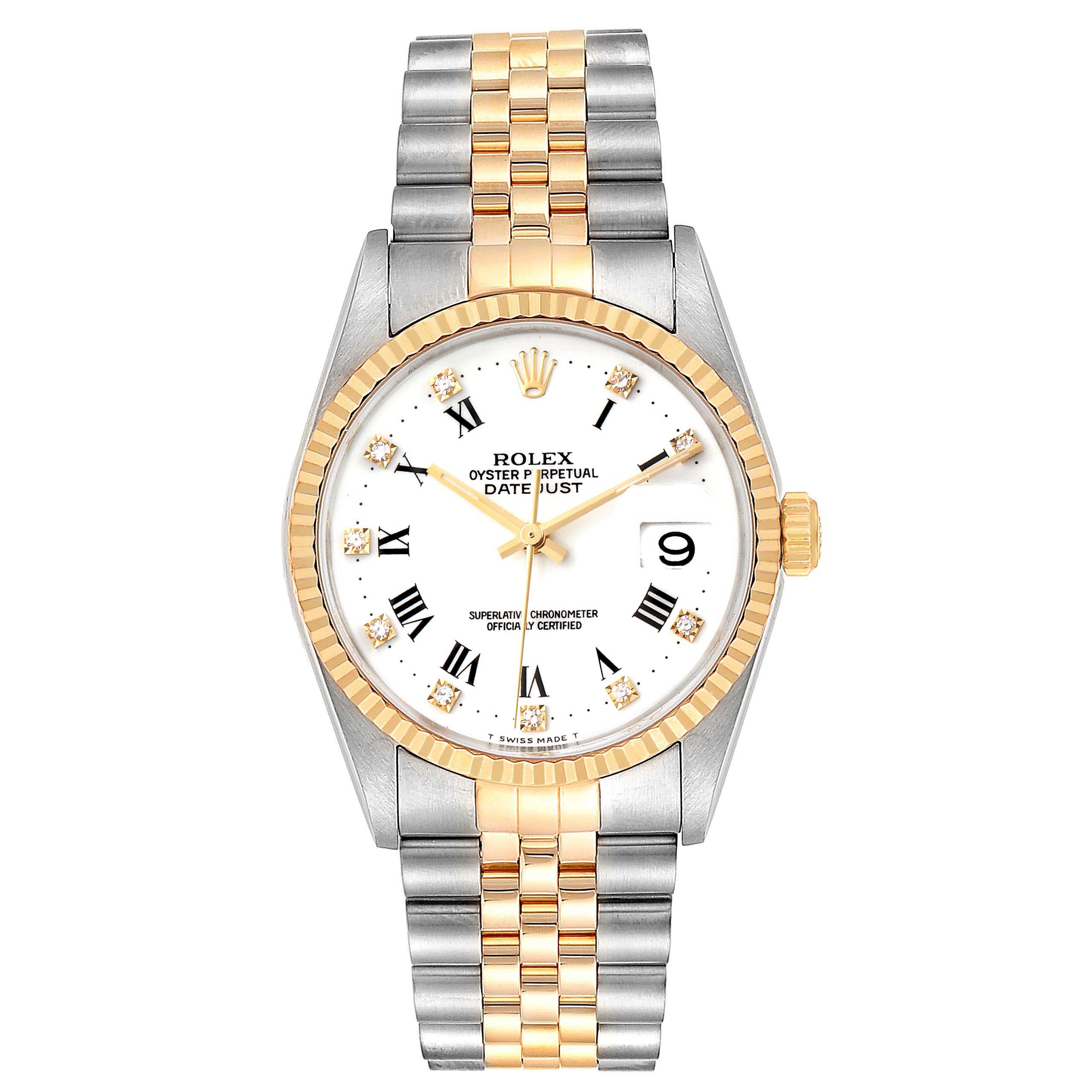 The Rolex Datejust 16233 Men's Steel and Gold (two tone) White Dial 16233 Men's Steel and Gold (two tone) White Dial watch is shown from a front view, displaying the dial, bezel, and bracelet.