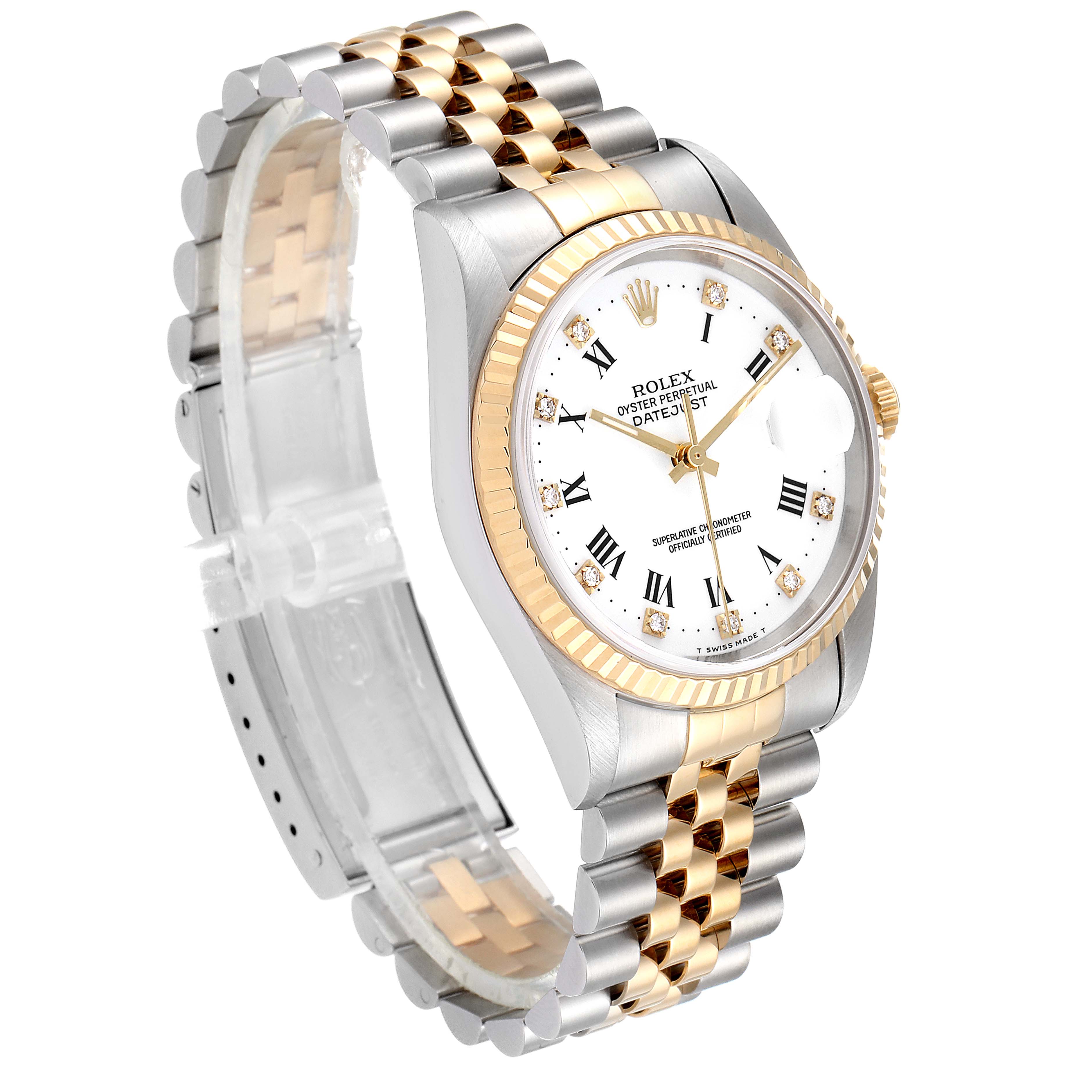The Rolex Datejust 16233 Men's Steel and Gold (two tone) White Dial 16233 Men's Steel and Gold (two tone) White Dial watch is shown at a three-quarter angle, displaying the dial, bezel, and two-tone bracelet.