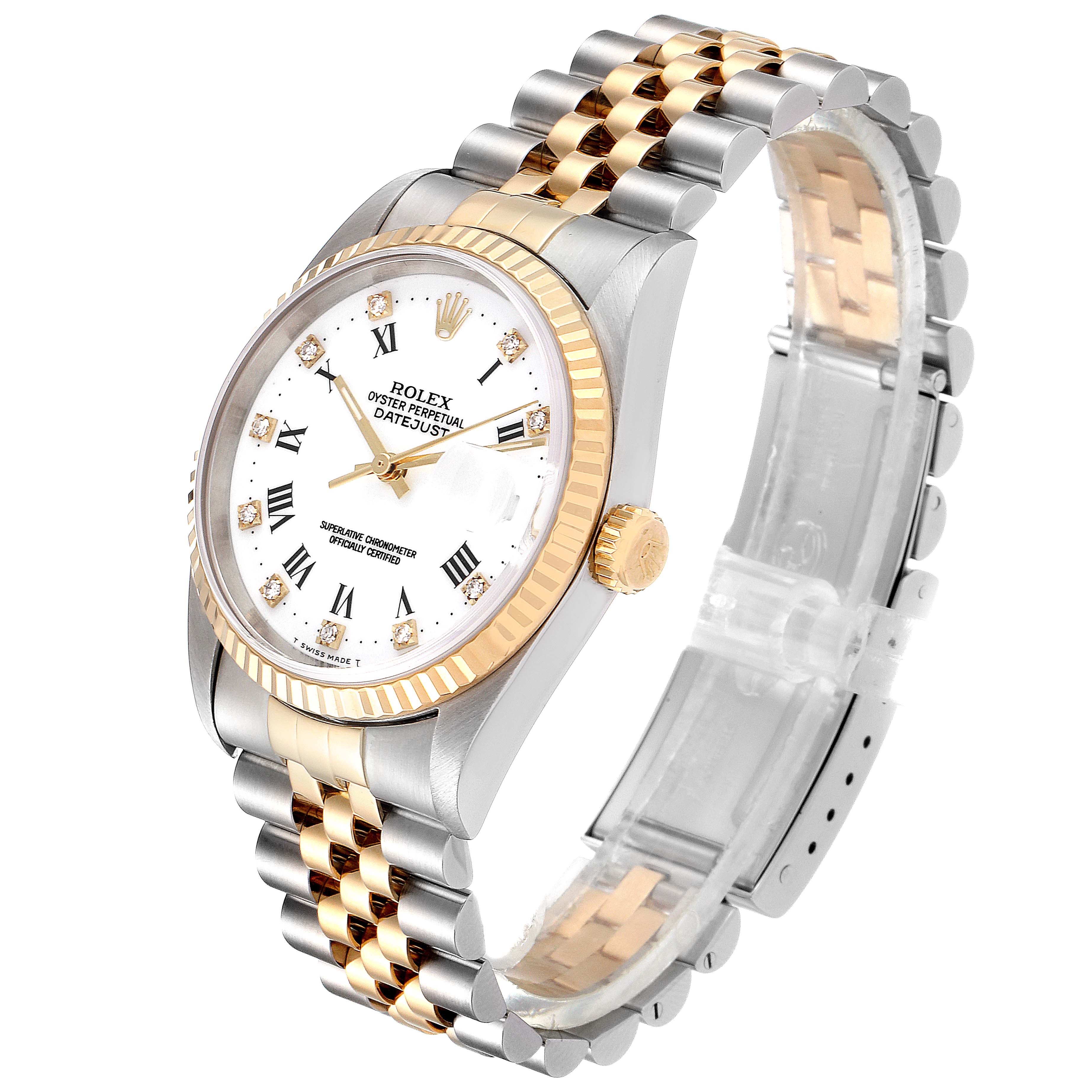 The Rolex Datejust 16233 Men's Steel and Gold (two tone) White Dial 16233 Men's Steel and Gold (two tone) White Dial watch is shown at a three-quarter angle featuring its face, bezel, crown, and two-tone bracelet.