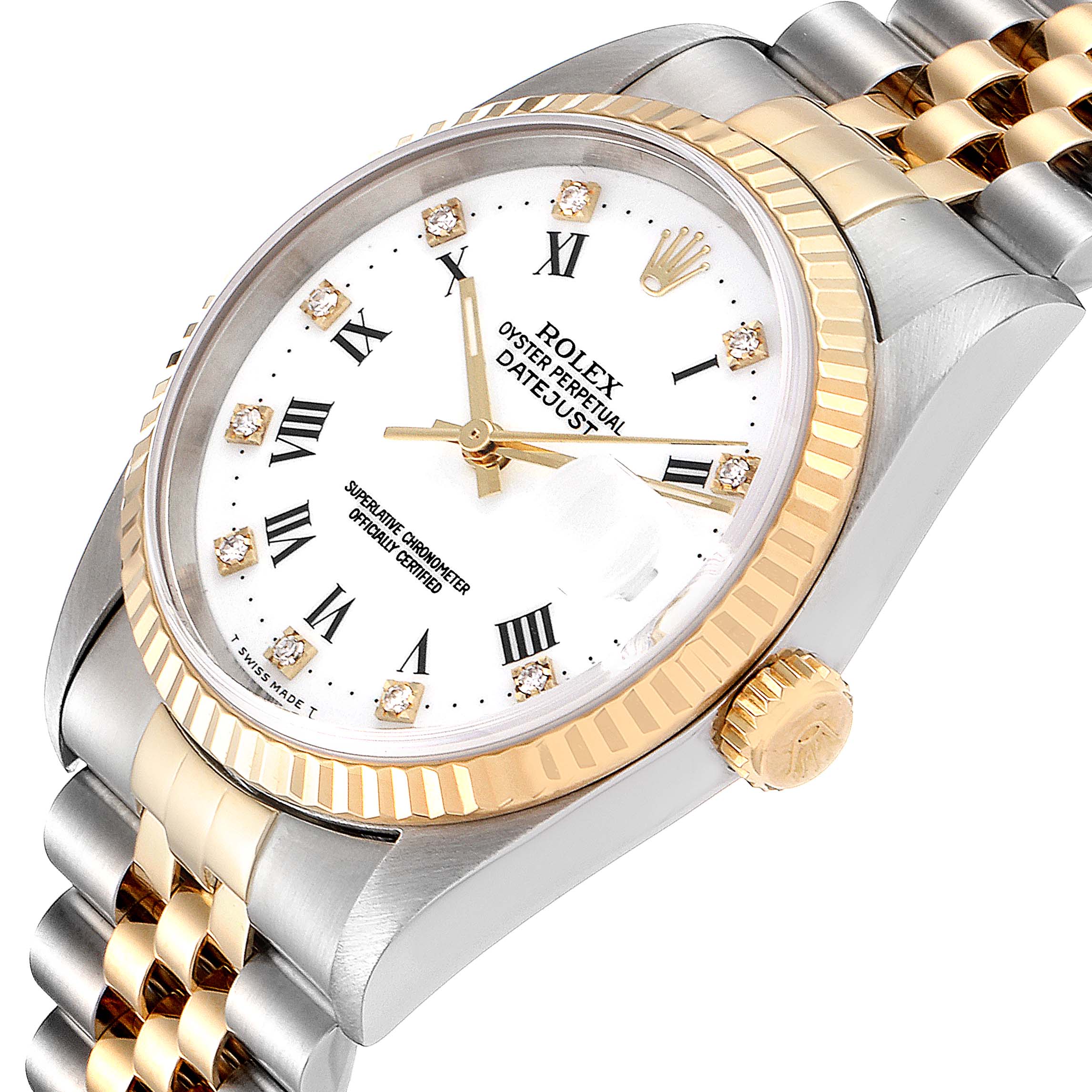 This Rolex Datejust 16233 Men's Steel and Gold (two tone) White Dial 16233 Men's Steel and Gold (two tone) White Dial watch is shown from an angle highlighting the face, bezel, crown, and part of the bracelet.