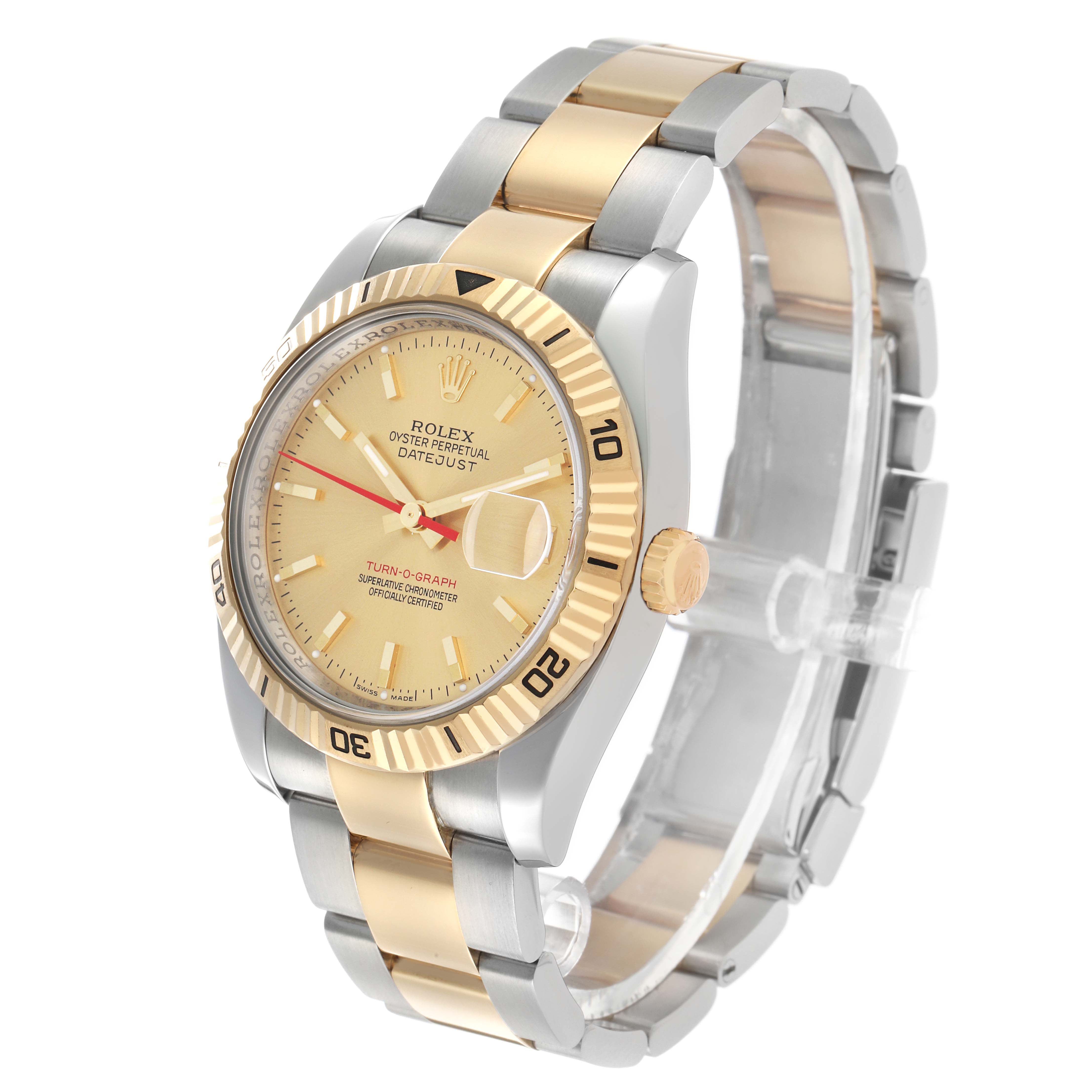 The image shows a Rolex Turn-o-Graph 116263 Men's Steel and Gold (two tone) Champagne Dial watch at a three-quarter angle, highlighting the bezel, dial, and two-tone bracelet.