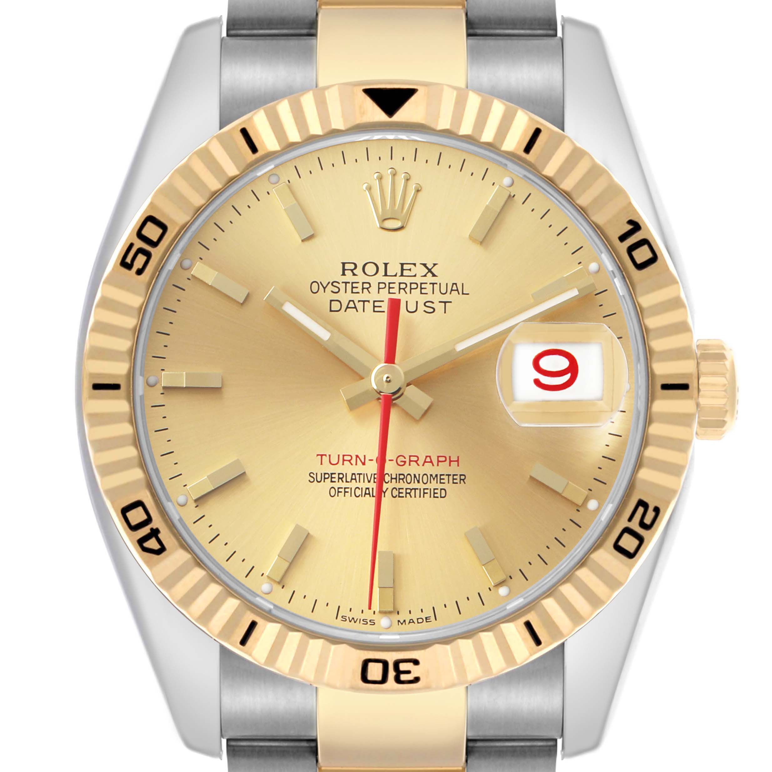 The image shows a frontal view of a Rolex Turn-o-Graph 116263 Men's Steel and Gold (two tone) Champagne Dial watch, highlighting the gold bezel, dial, and date feature.