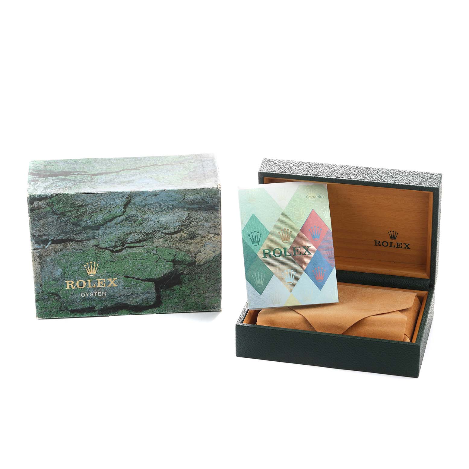 The image shows the packaging and accessories of a Rolex Turn-o-Graph 116263 Men's Steel and Gold (two tone) Champagne Dial, including the box and a booklet.