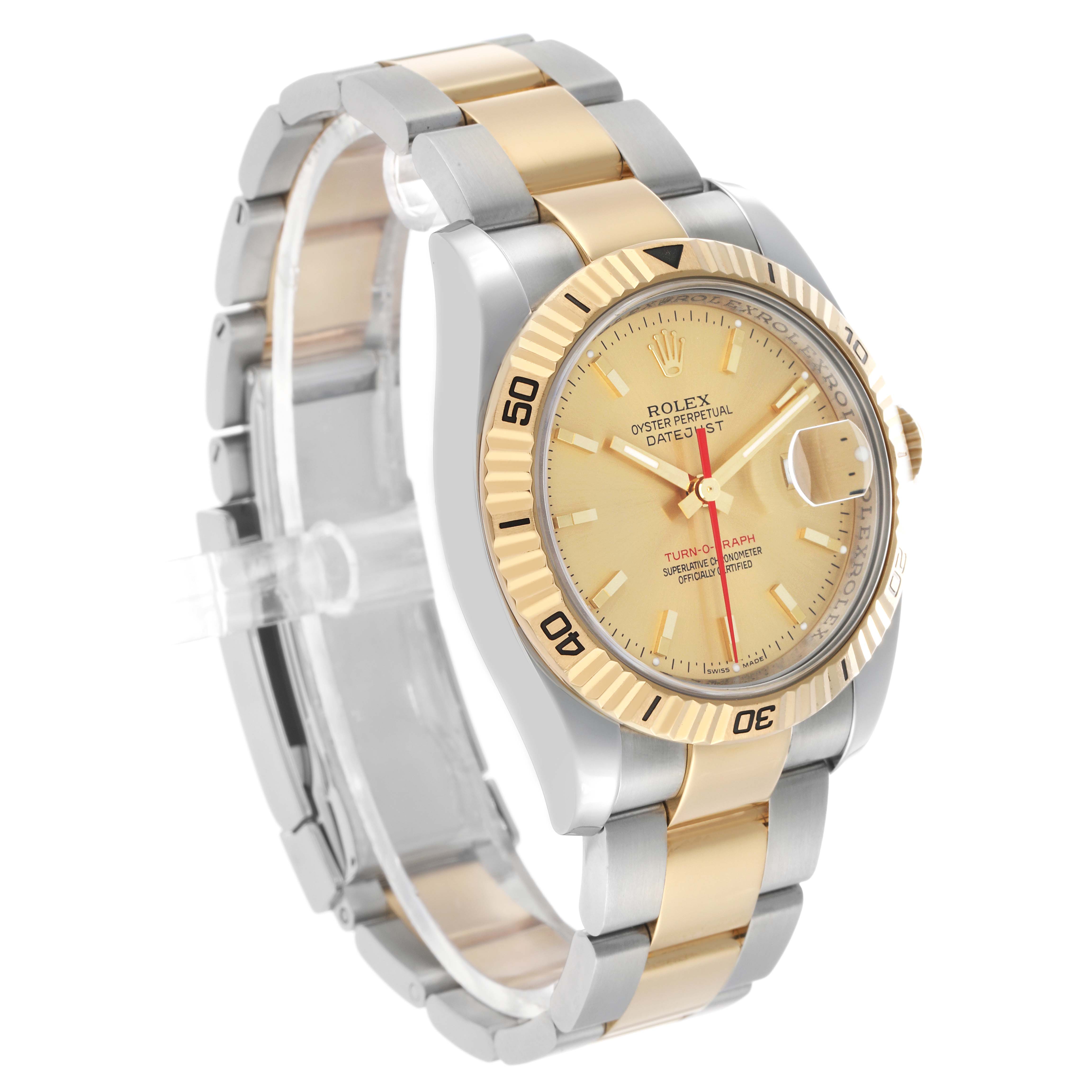 The Rolex Turn-o-Graph 116263 Men's Steel and Gold (two tone) Champagne Dial watch is shown from a three-quarter angle, highlighting the bezel, dial, and two-tone bracelet.