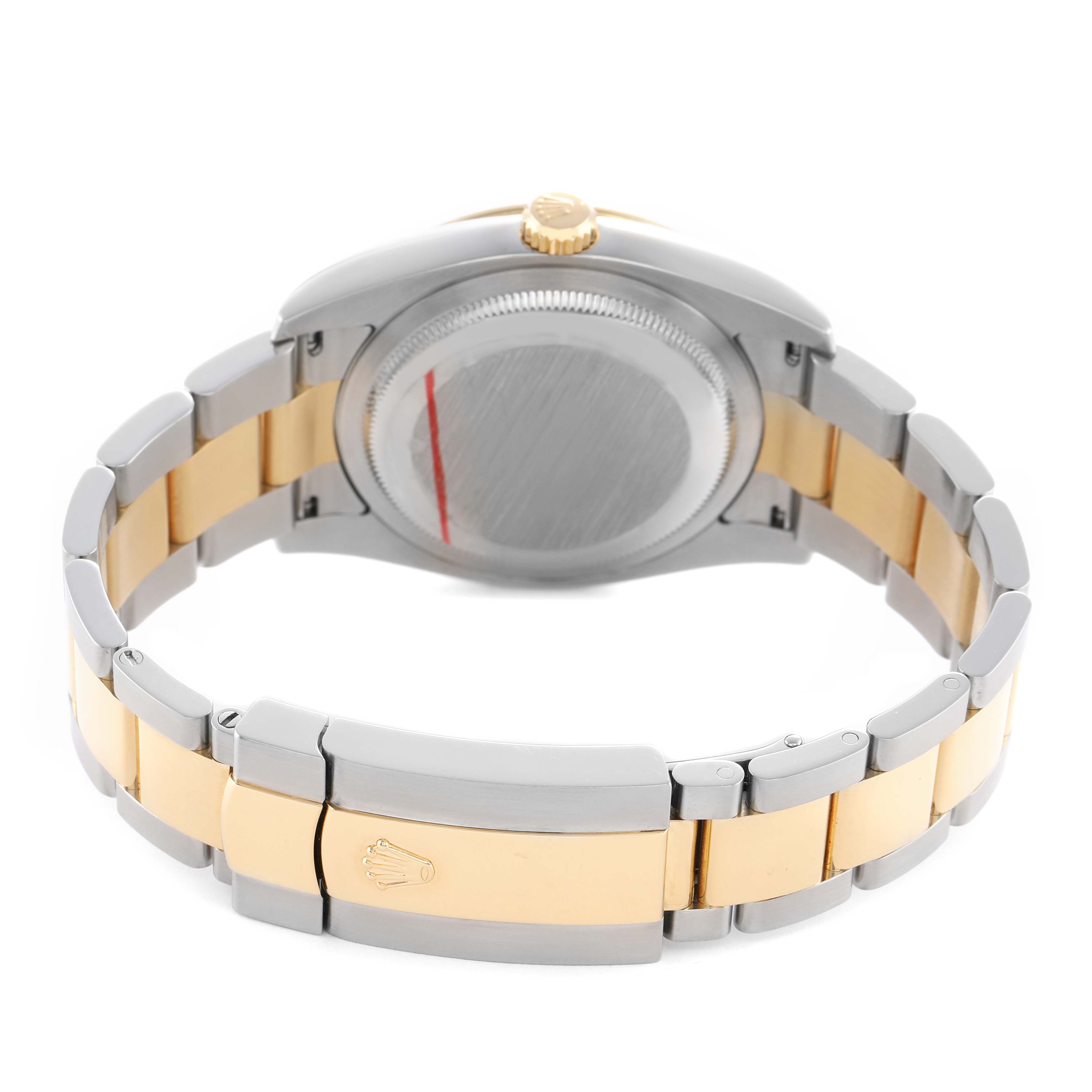 The Rolex Turn-o-Graph 116263 Men's Steel and Gold (two tone) Champagne Dial watch is shown from a rear angle, highlighting the metal bracelet, clasp, and case back.