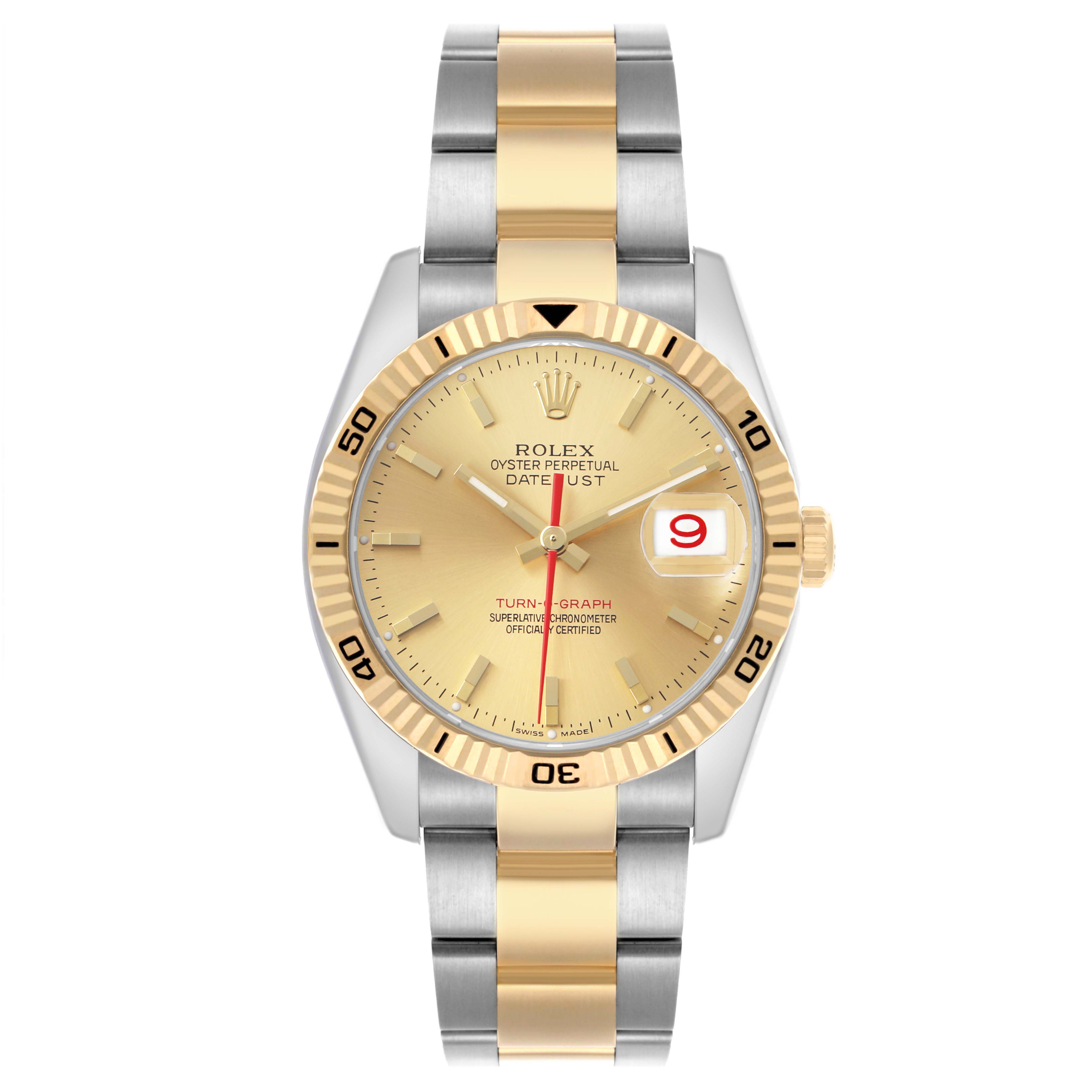 The Rolex Turn-o-Graph 116263 Men's Steel and Gold (two tone) Champagne Dial watch is shown from a top-down angle, displaying the dial, bezel, crown, and bracelet.