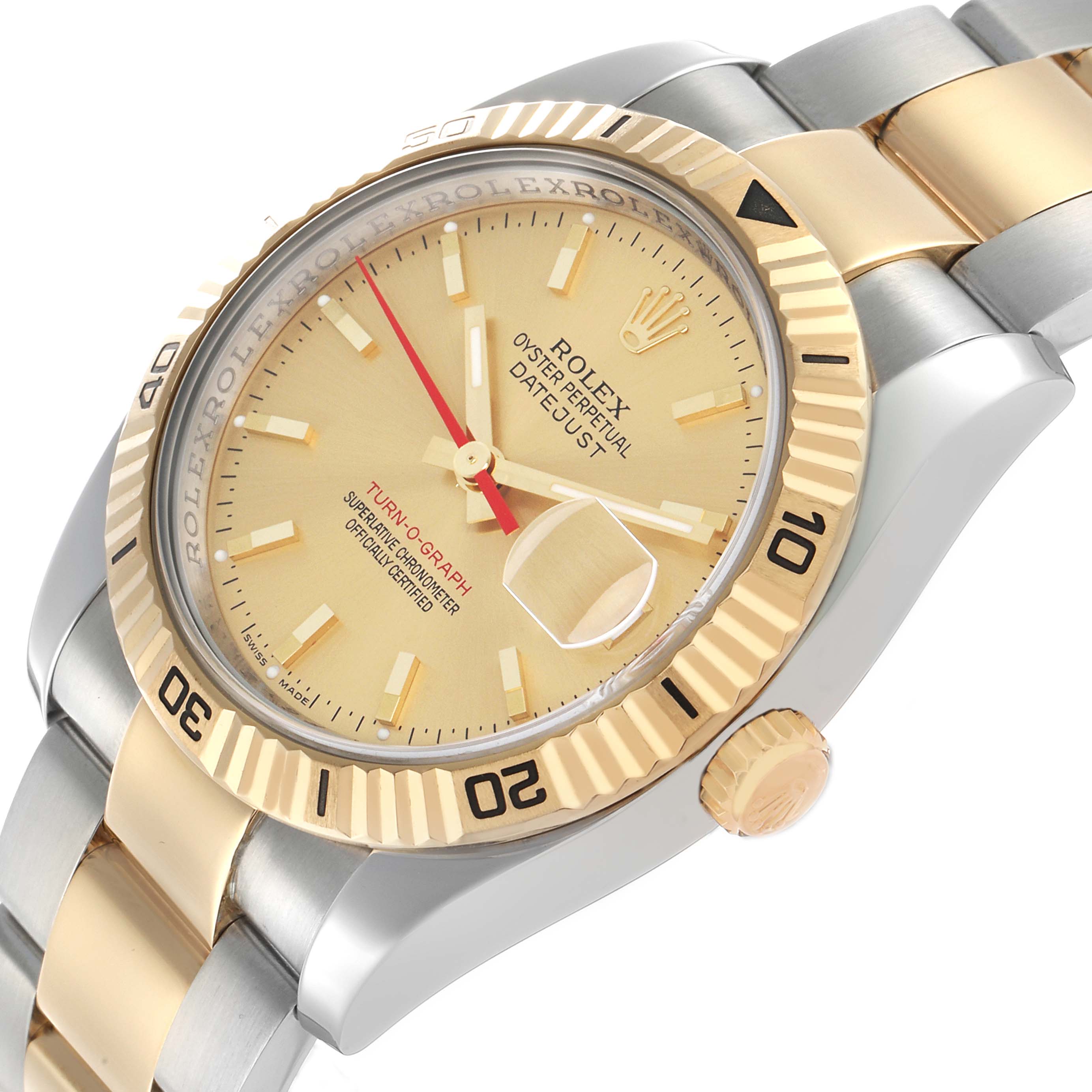 The Rolex Turn-o-Graph 116263 Men's Steel and Gold (two tone) Champagne Dial watch is shown at an angle displaying its golden bezel, dial, and part of the two-tone bracelet.