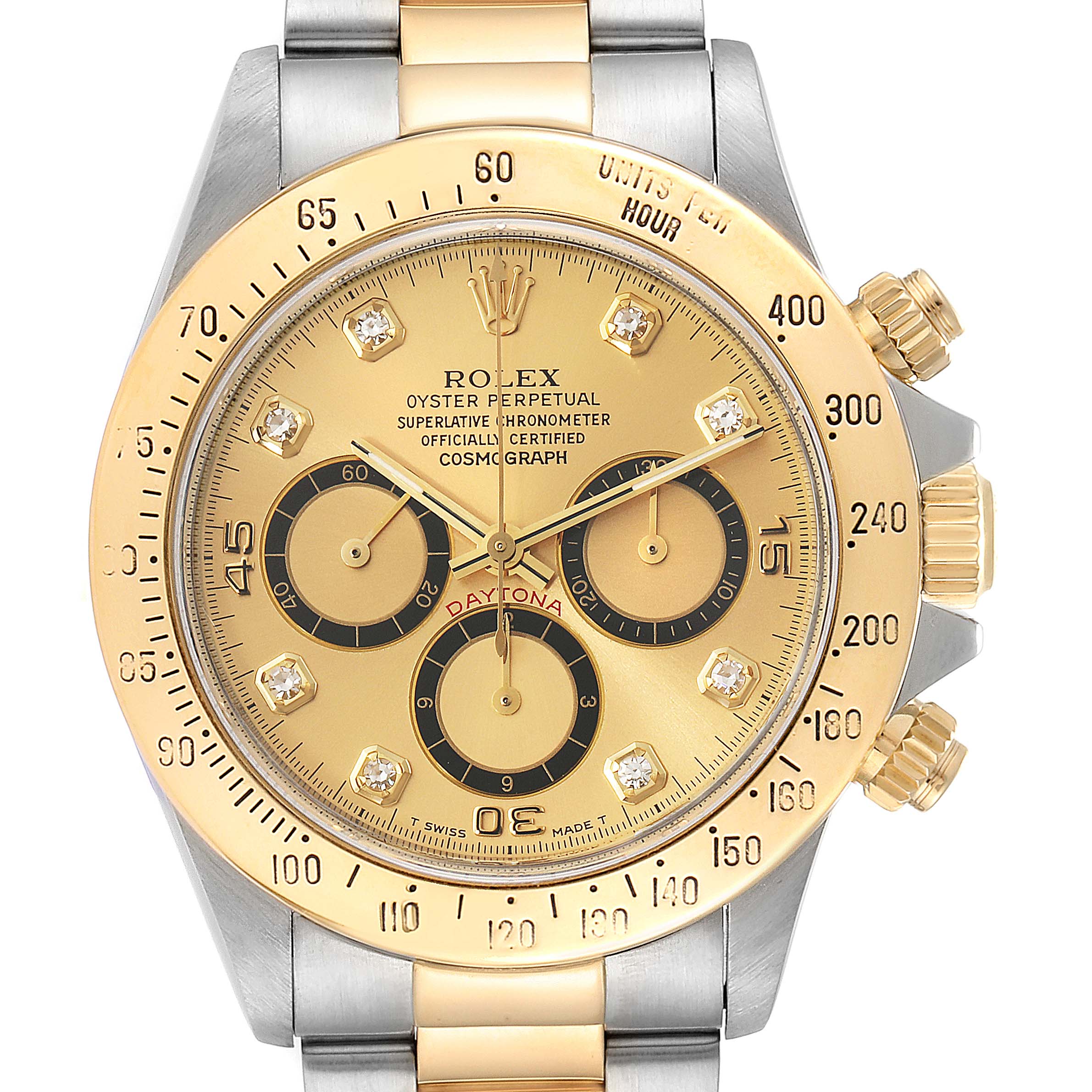 This image shows a full frontal view of the Rolex Daytona 16523 Men
s Steel and Gold (two tone) Champagne Dial 16523 Men
s Steel and Gold (two tone) Champagne Dial watch, displaying its dial, bezel, and chronograph subdials.