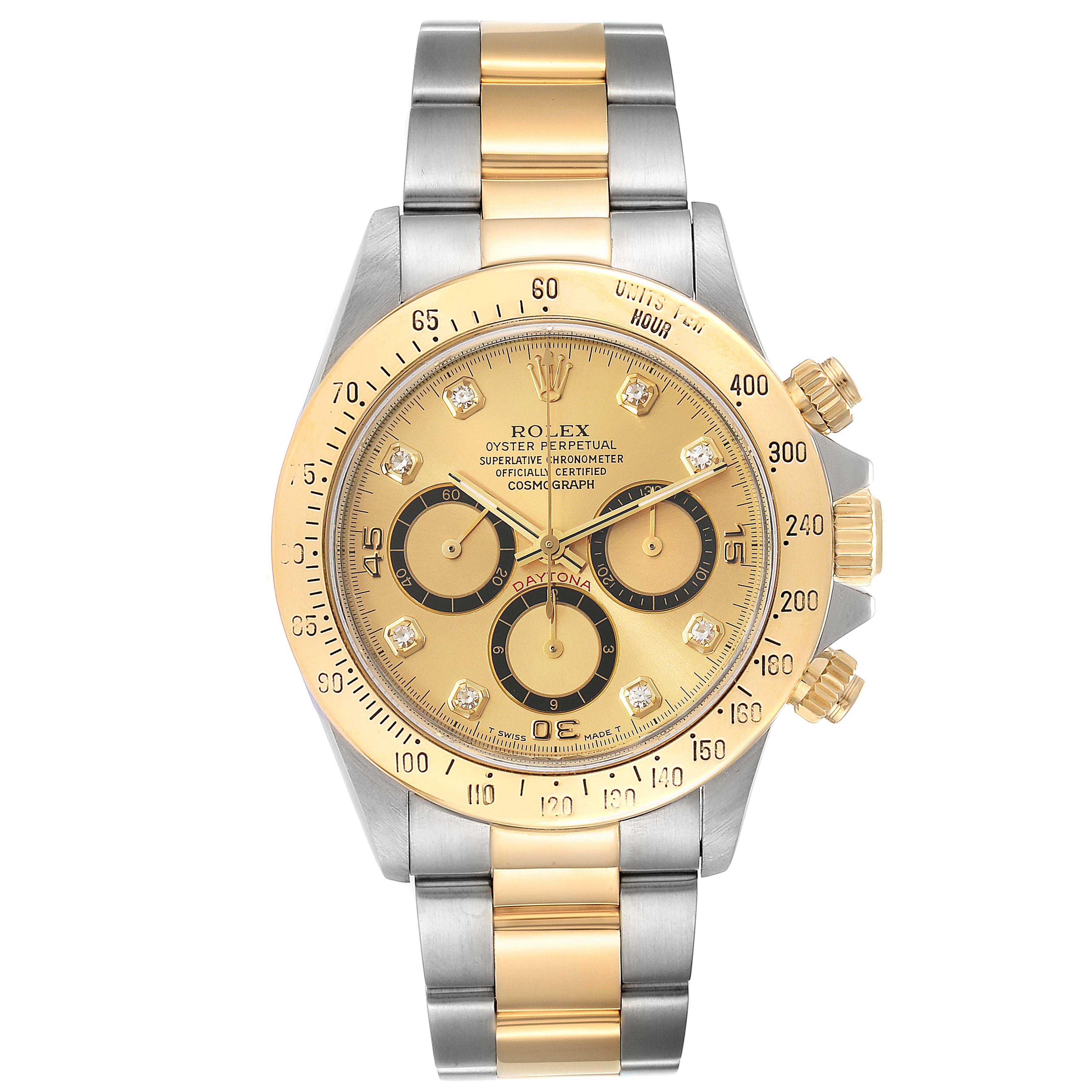 This image shows a Rolex Daytona 16523 Men
s Steel and Gold (two tone) Champagne Dial 16523 Men
s Steel and Gold (two tone) Champagne Dial watch from a front angle, highlighting the gold and silver bracelet, bezel, and chronograph sub-dials.
