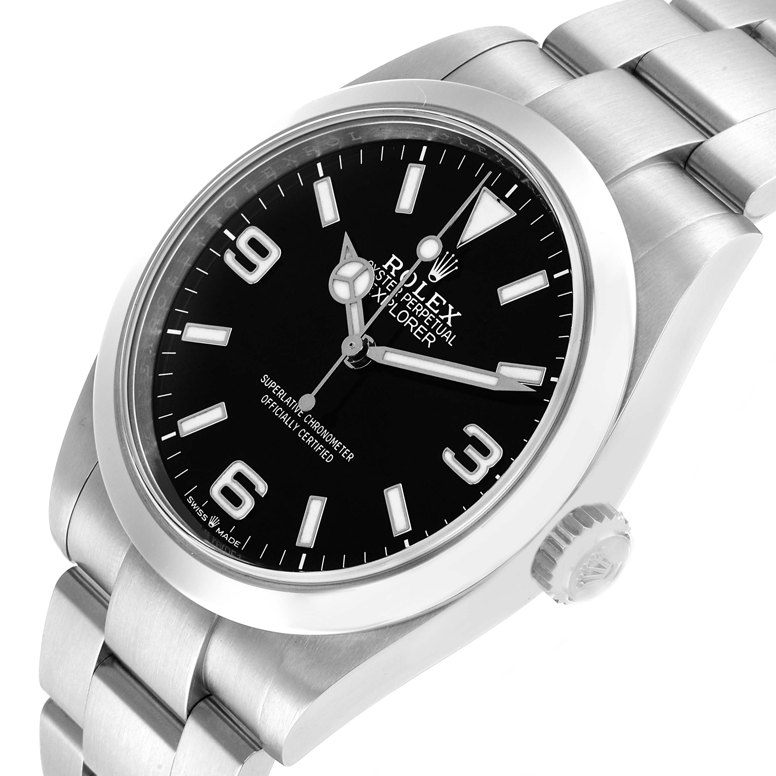 The Rolex Explorer 224270 Men's Stainless Steel Black Dial watch is shown at a three-quarter angle, displaying the face, bezel, crown, and part of the bracelet.