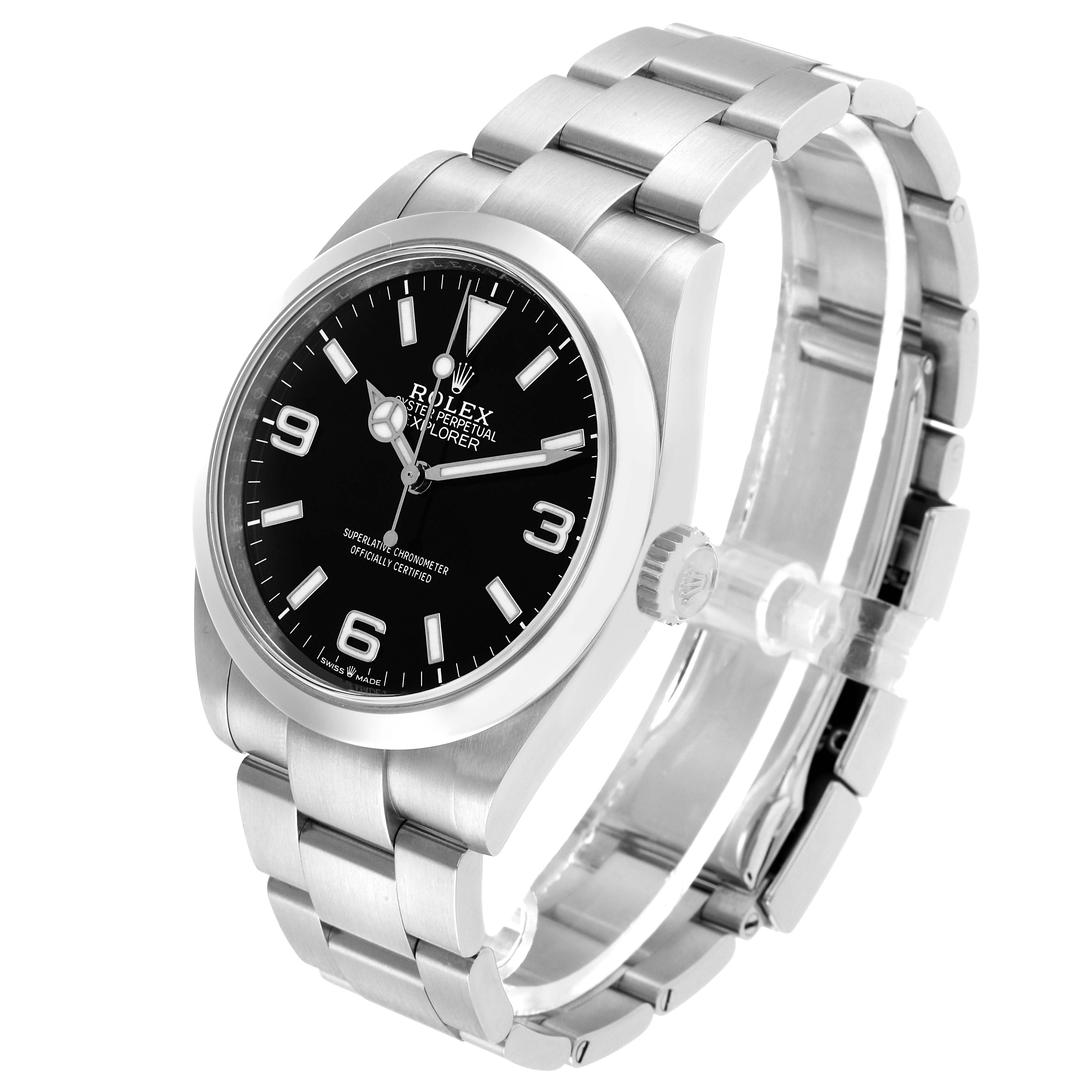 The Rolex Explorer 224270 Men's Stainless Steel Black Dial watch is shown at a slightly elevated angle, highlighting the face, bezel, case, and bracelet.
