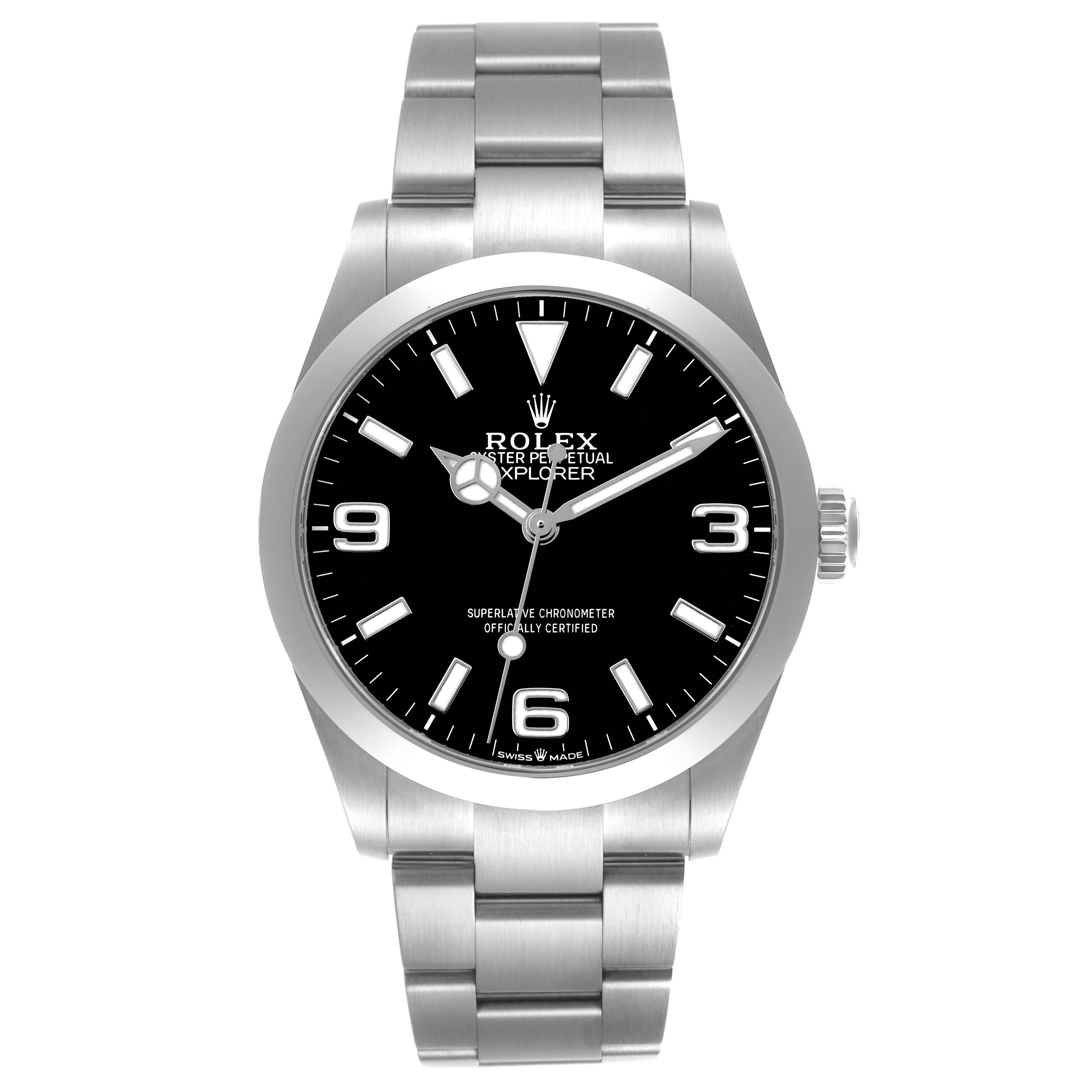 The Rolex Explorer 224270 Men's Stainless Steel Black Dial watch is shown from the front, displaying the dial, hands, hour markers, and bracelet.