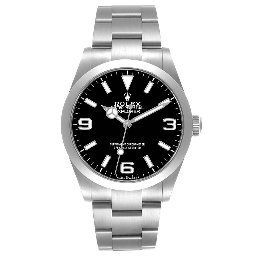 The Rolex Explorer 224270 Men's Stainless Steel Black Dial watch is shown from the front, displaying the dial, hands, hour markers, and bracelet.