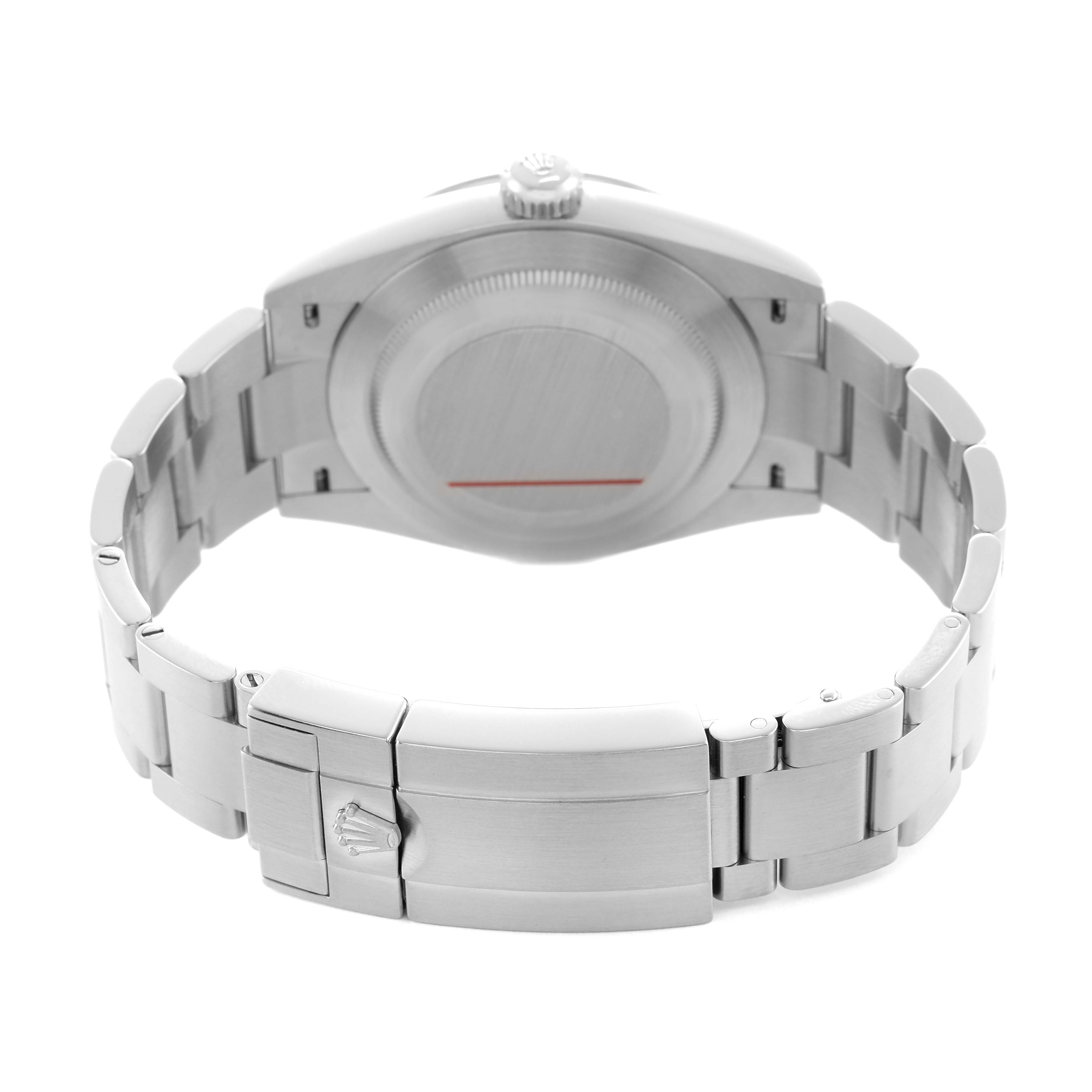 The image shows the back of a Rolex Explorer 224270 Men's Stainless Steel Black Dial, focusing on the case back and clasp of the bracelet.