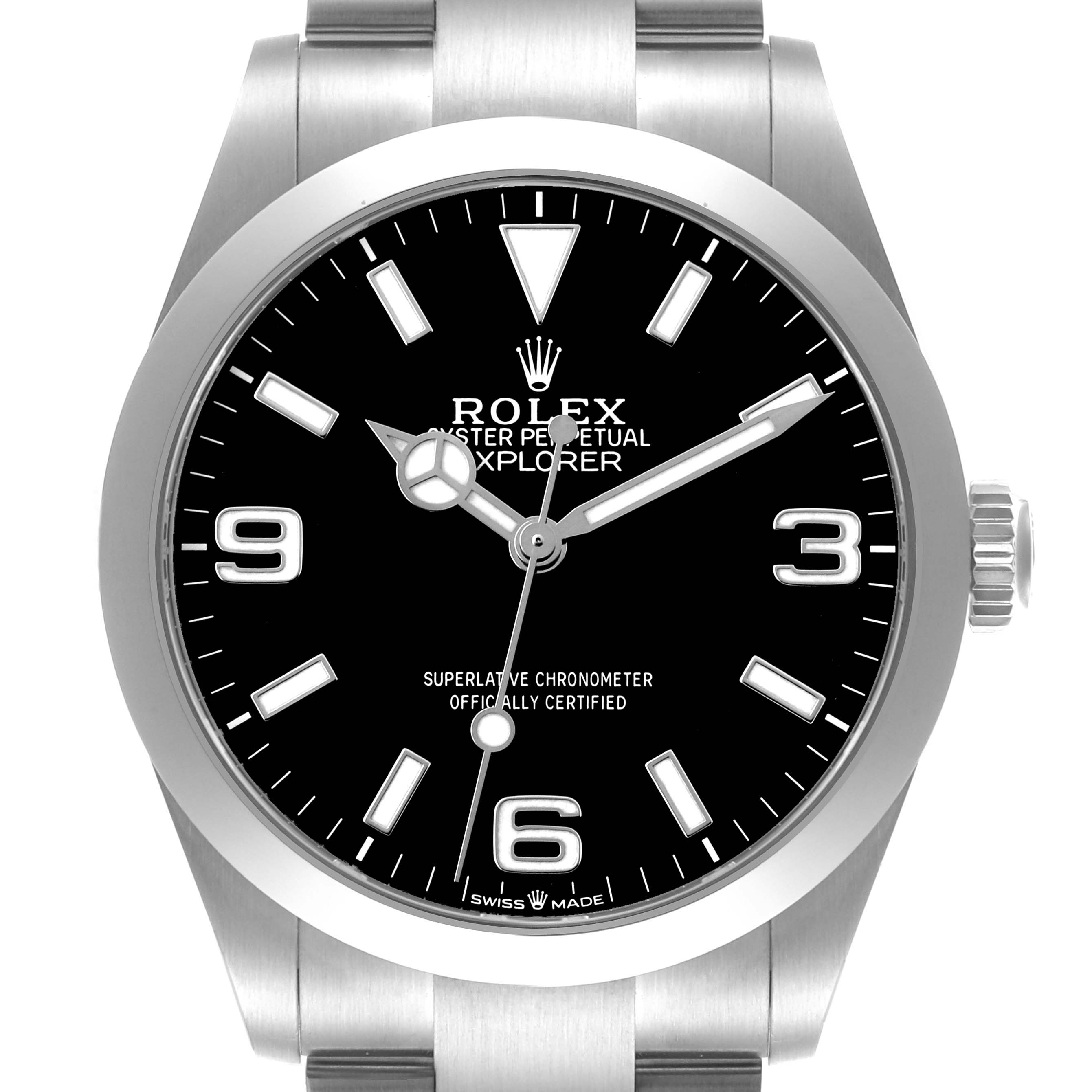 The Rolex Explorer 224270 Men's Stainless Steel Black Dial watch is shown from a front angle, displaying the dial, hands, and part of the bracelet.