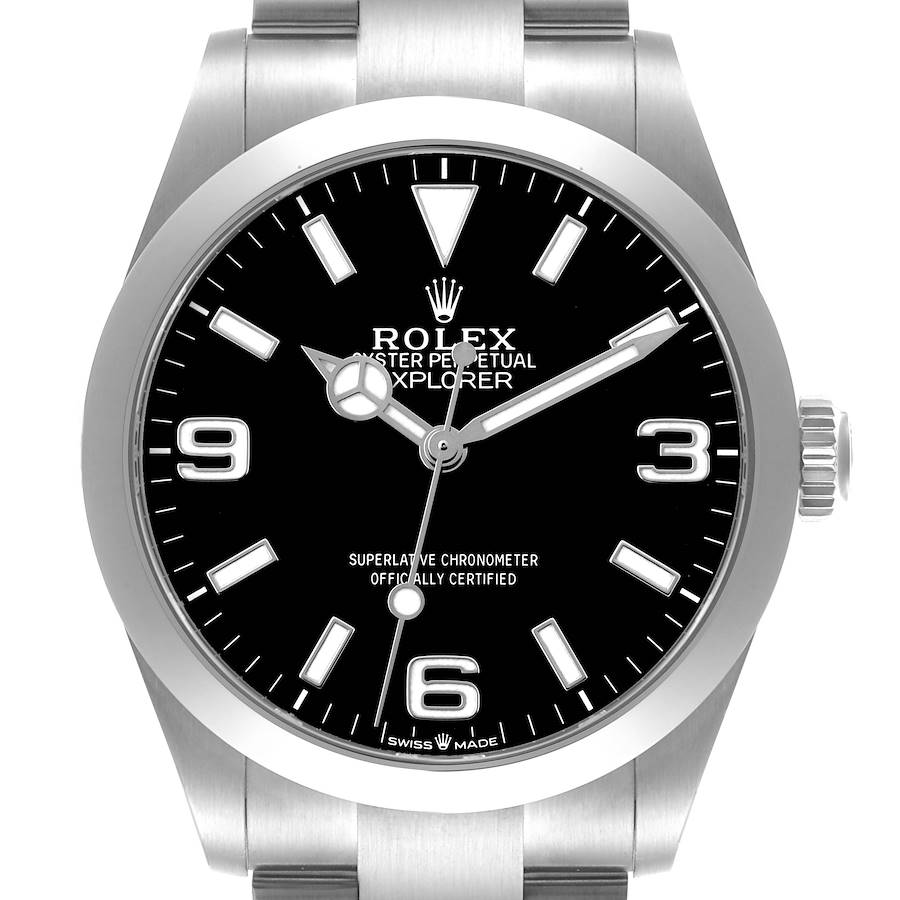 The Rolex Explorer 224270 Men's Stainless Steel Black Dial watch is shown from a front angle, displaying the dial, hands, and part of the bracelet.