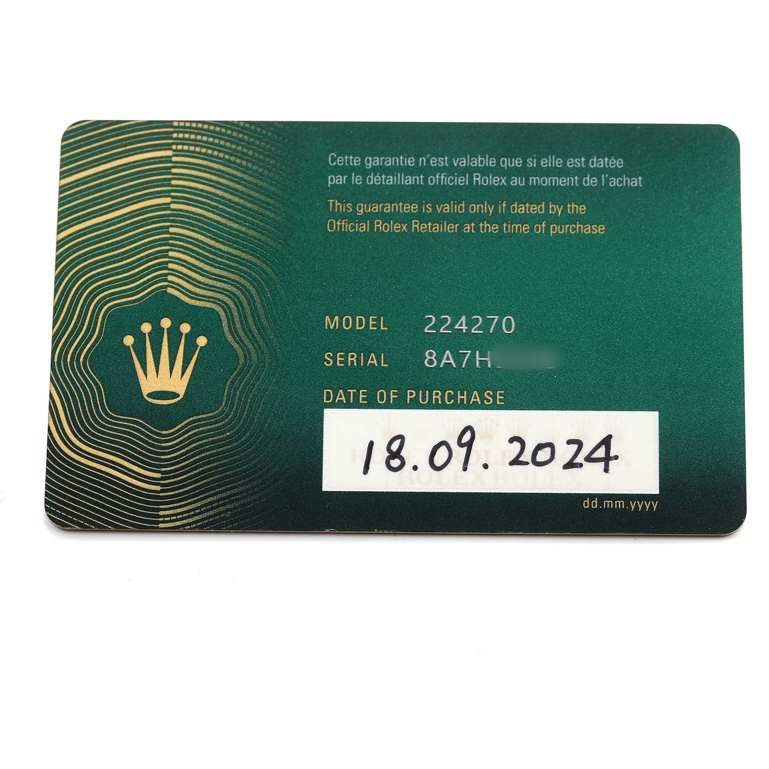 The image shows a Rolex Explorer 224270 Men's Stainless Steel Black Dial warranty card with model number 224270, serial details, and purchase date.