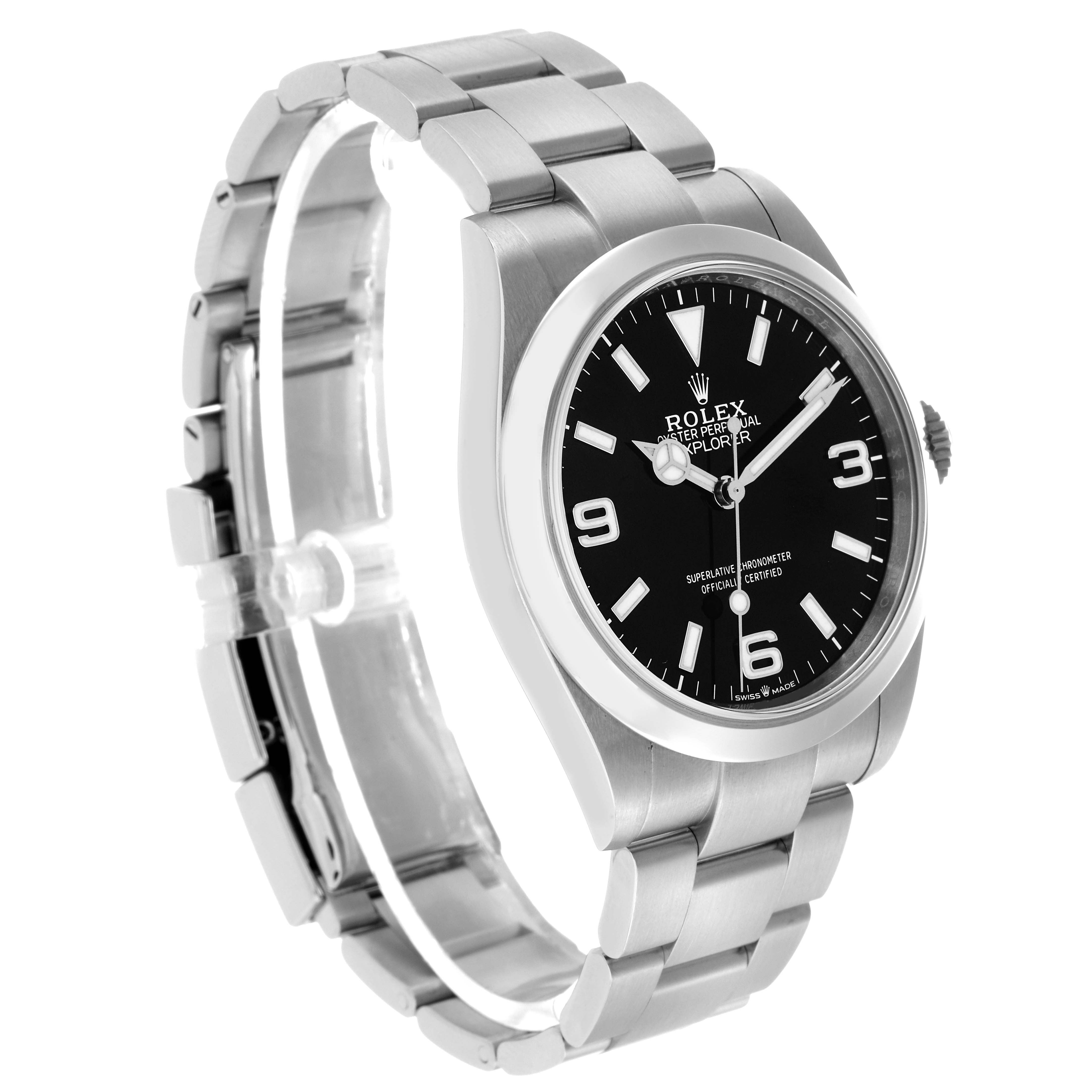 The Rolex Explorer 224270 Men's Stainless Steel Black Dial watch is shown at a three-quarter angle, displaying the dial, crown, and full metal bracelet.