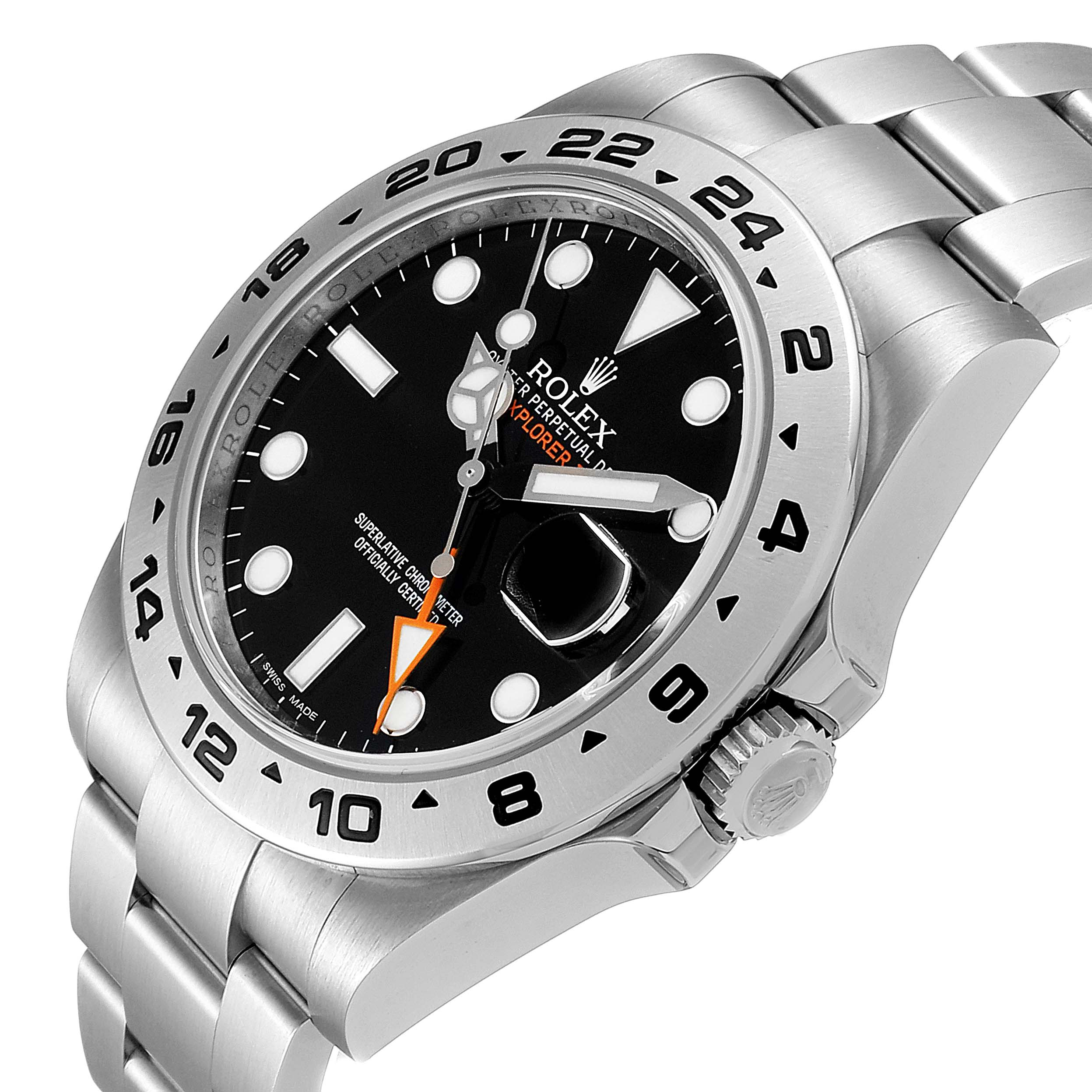 The Rolex Explorer 216570 Men
s Stainless Steel Black Dial 216570 Men
s Stainless Steel Black Dial model watch is shown in a three-quarter view, highlighting its black dial, bracelet, bezel, and crown.