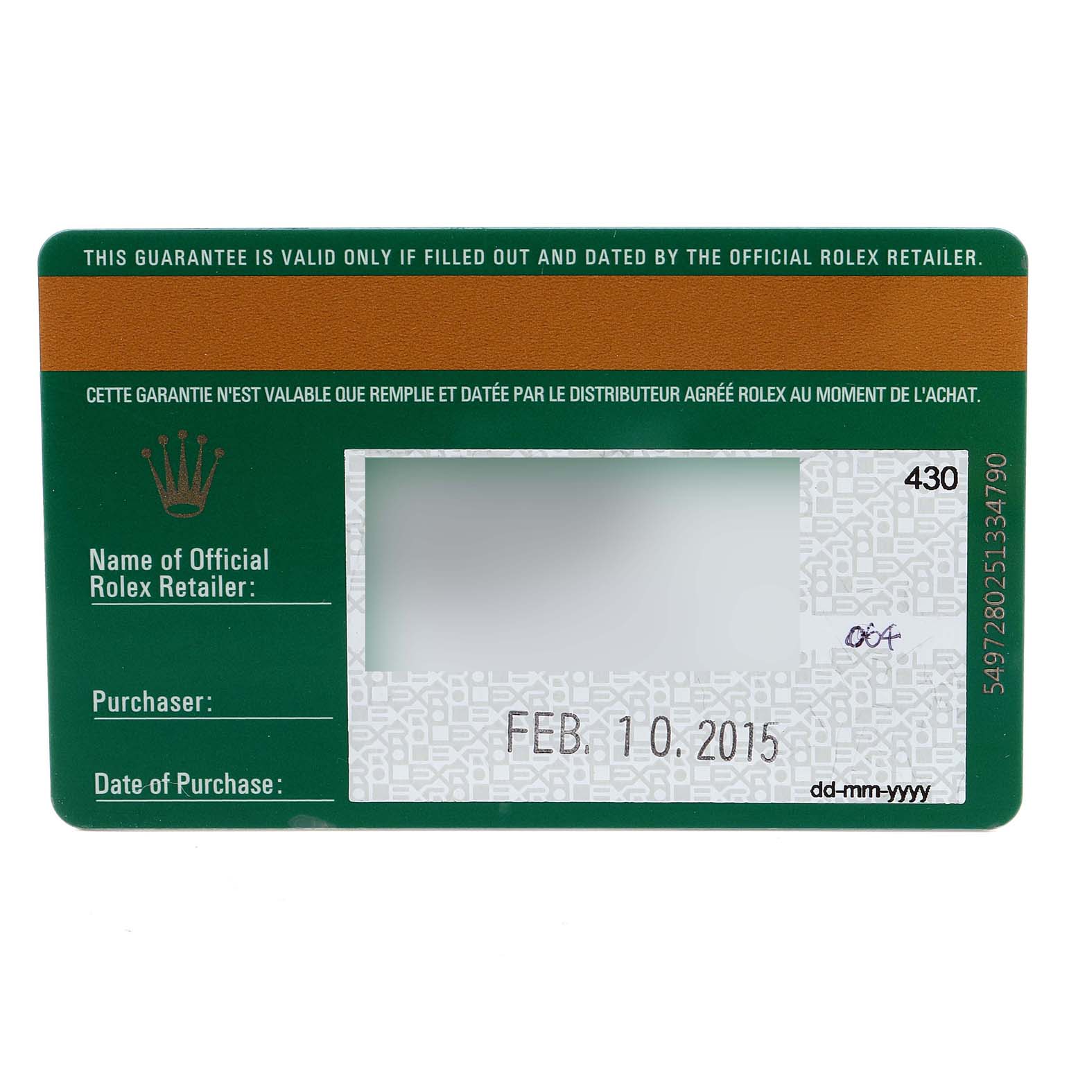 The image shows the warranty card for a Rolex Explorer 216570 Men
s Stainless Steel Black Dial 216570 Men
s Stainless Steel Black Dial watch, including retailer, purchaser info, and purchase date.