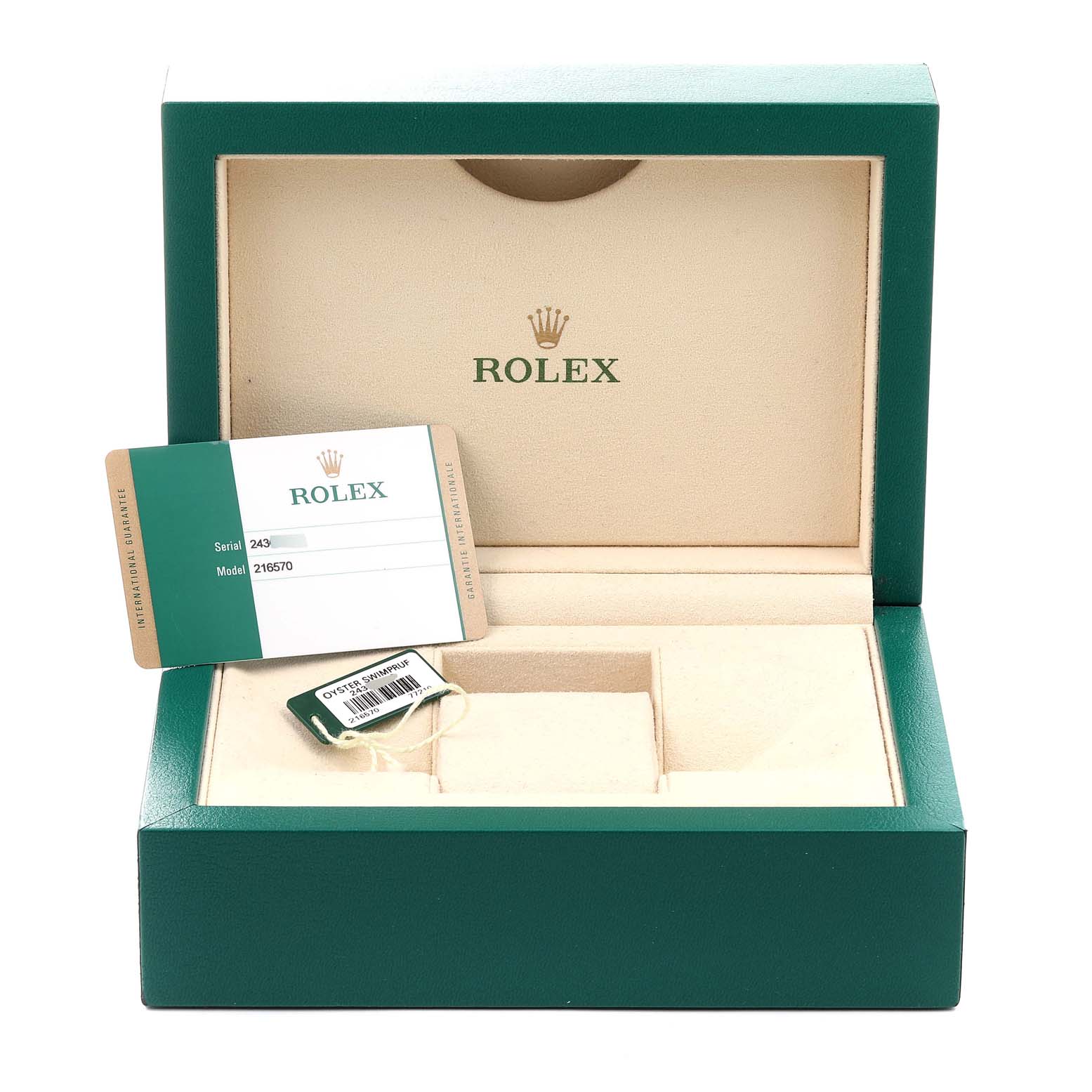 The image shows the open box for a Rolex Explorer 216570 Men
s Stainless Steel Black Dial 216570 Men
s Stainless Steel Black Dial, including the warranty card and a tag inside.