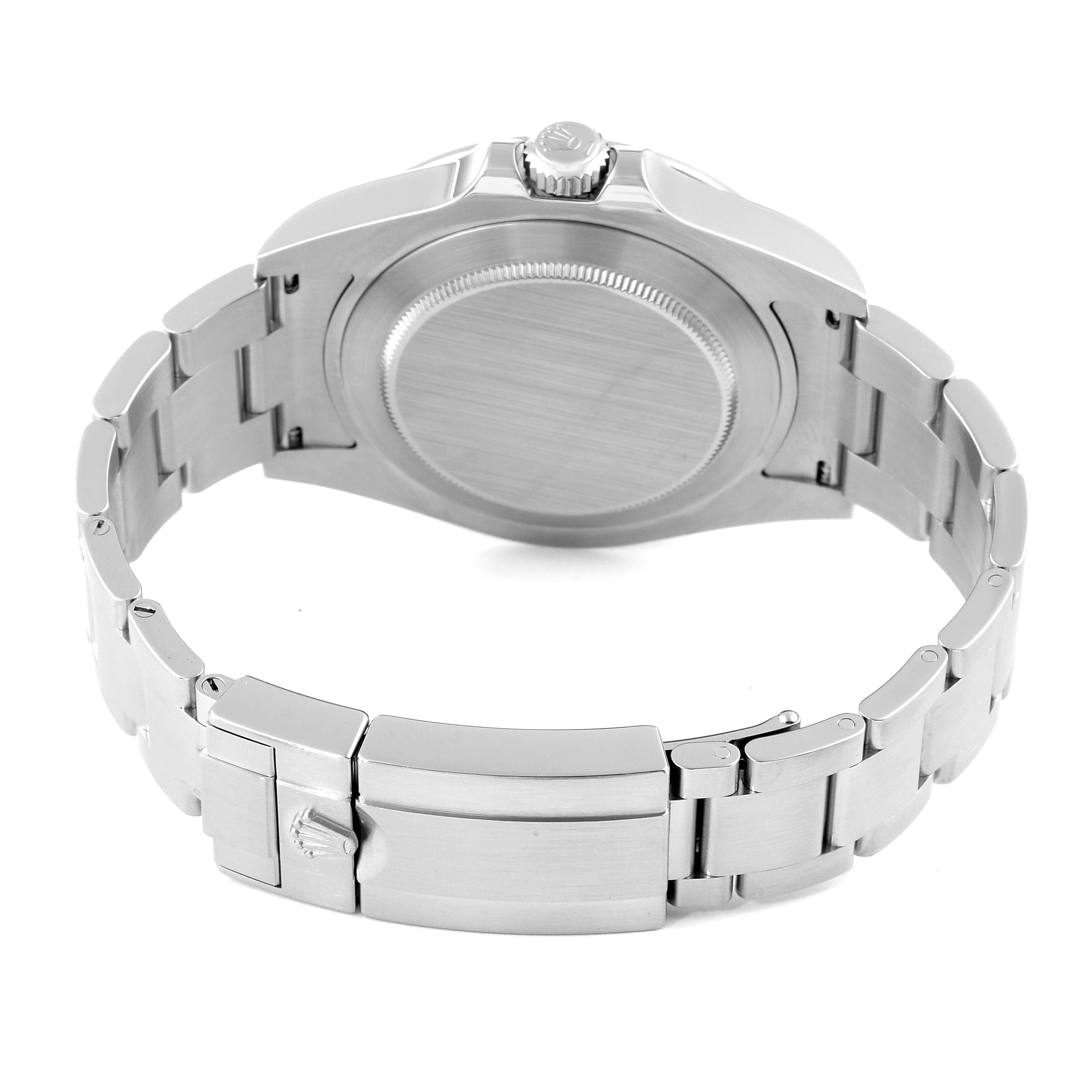 The image shows the back view of a Rolex Explorer 216570 Men
s Stainless Steel Black Dial 216570 Men
s Stainless Steel Black Dial watch displaying its case back, crown, and the stainless steel bracelet with clasp.