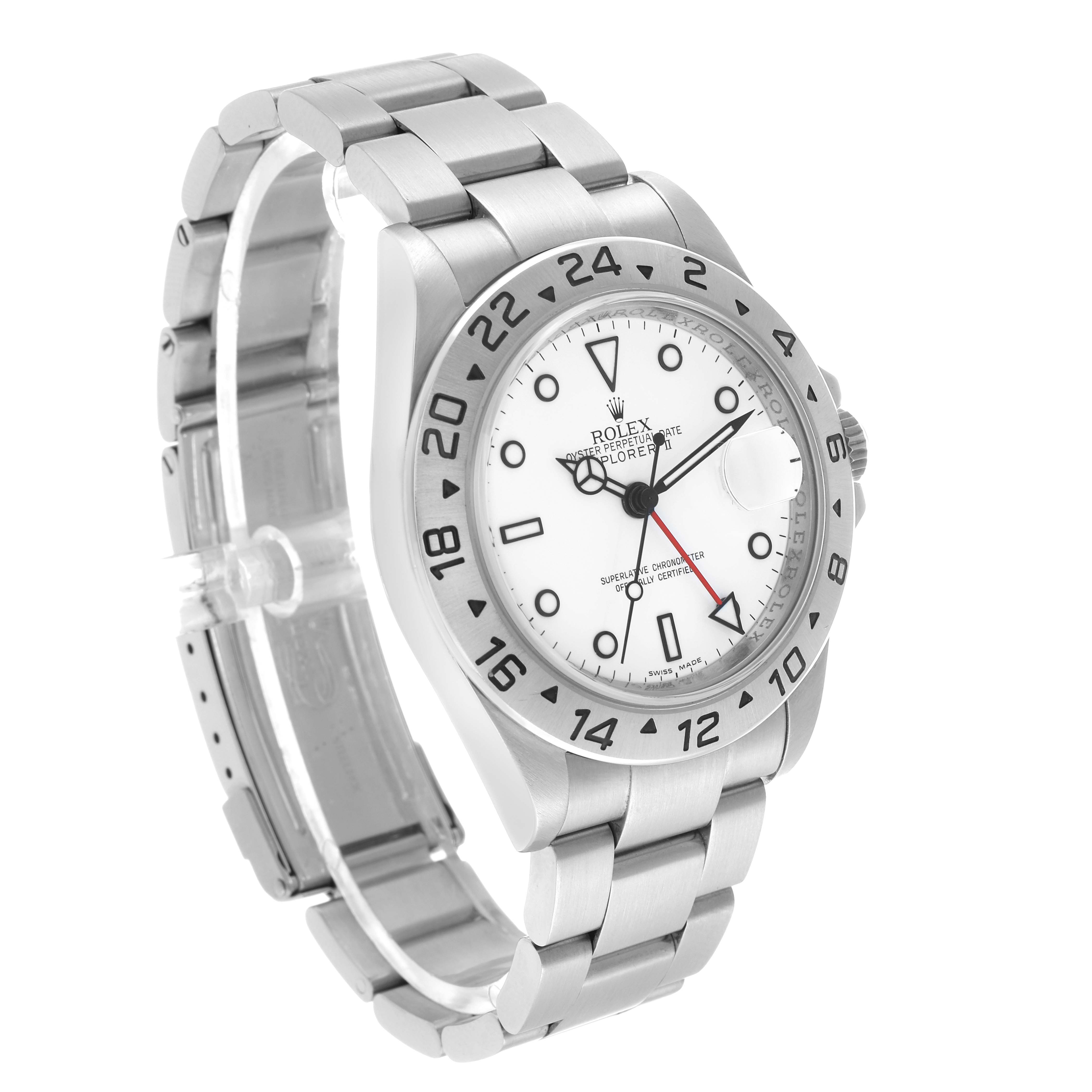 The Rolex Explorer 16570 Men's Stainless Steel White Dial watch is shown at a three-quarter angle, featuring the bezel, dial, crown, and bracelet.