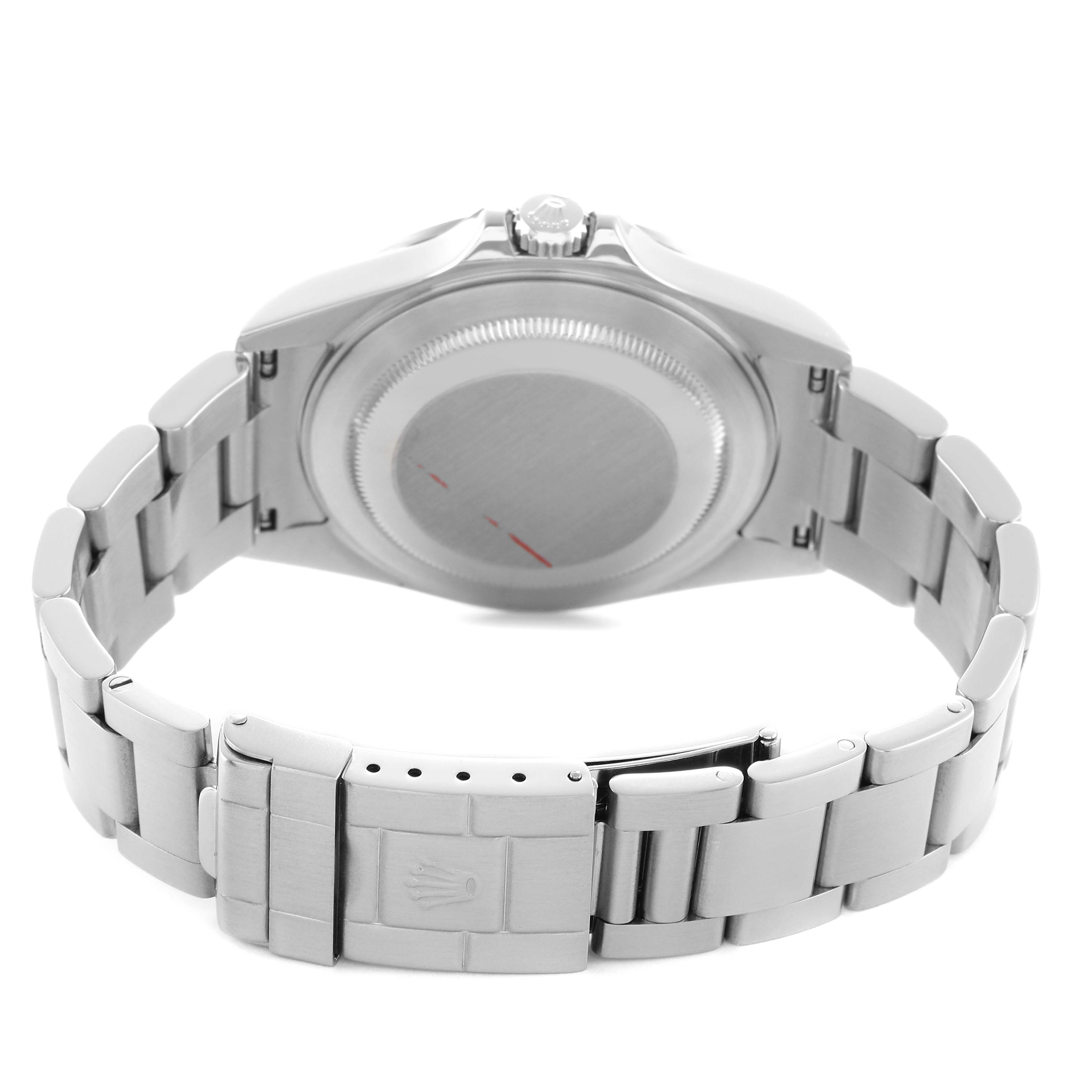 The image shows the back view of a Rolex Explorer 16570 Men's Stainless Steel White Dial, highlighting the clasp, bracelet, case back, and crown.