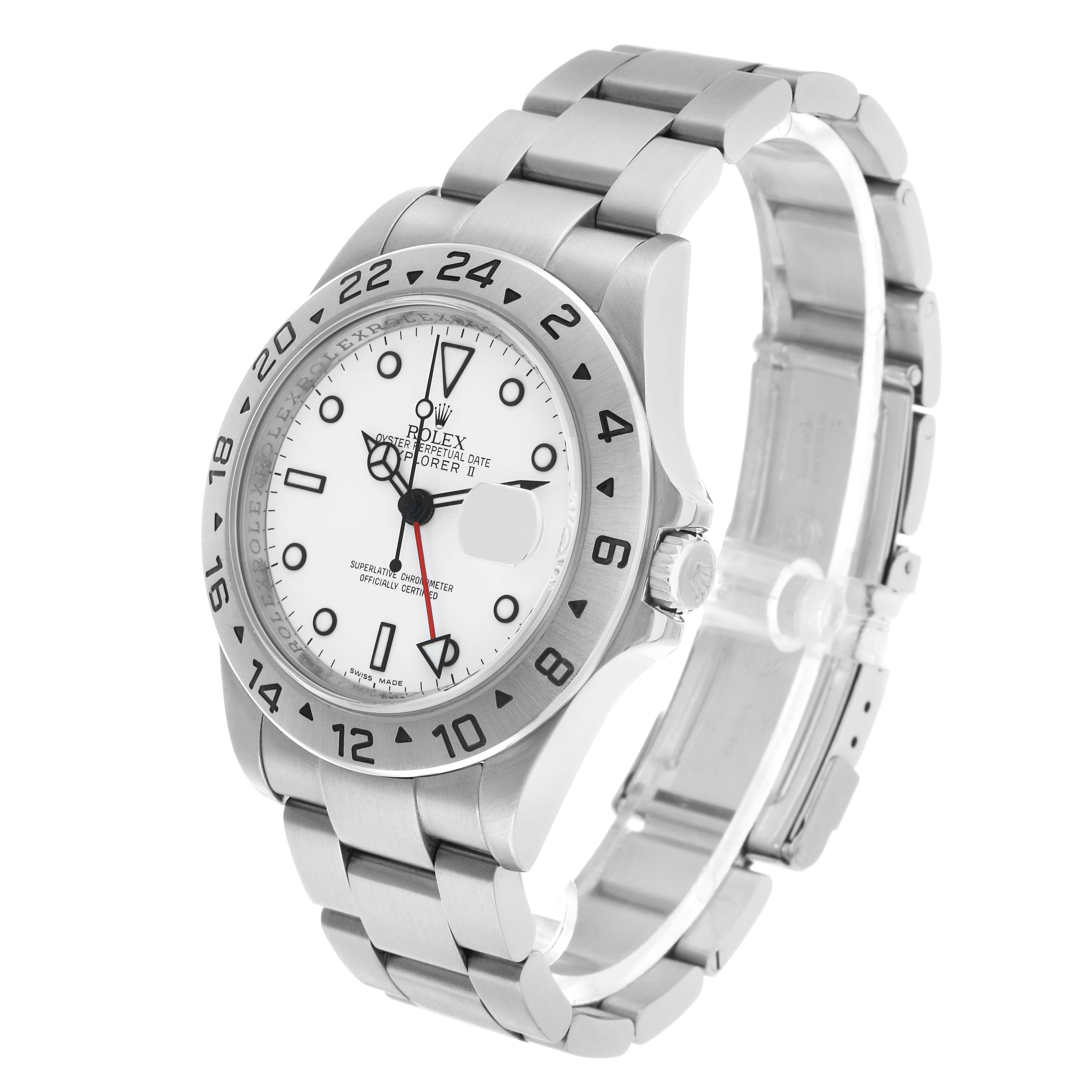 The Rolex Explorer 16570 Men's Stainless Steel White Dial watch is shown at a slight angle, displaying its face, bezel, crown, and bracelet.