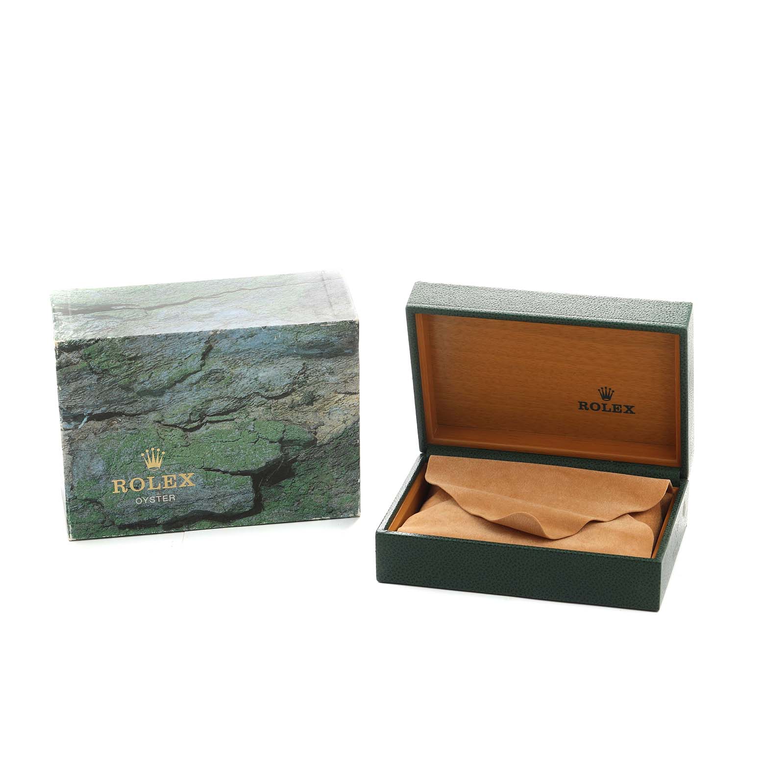 The image shows the open and closed boxes for a Rolex Explorer 16570 Men's Stainless Steel White Dial watch, featuring the brand's logo on the exterior and interior.