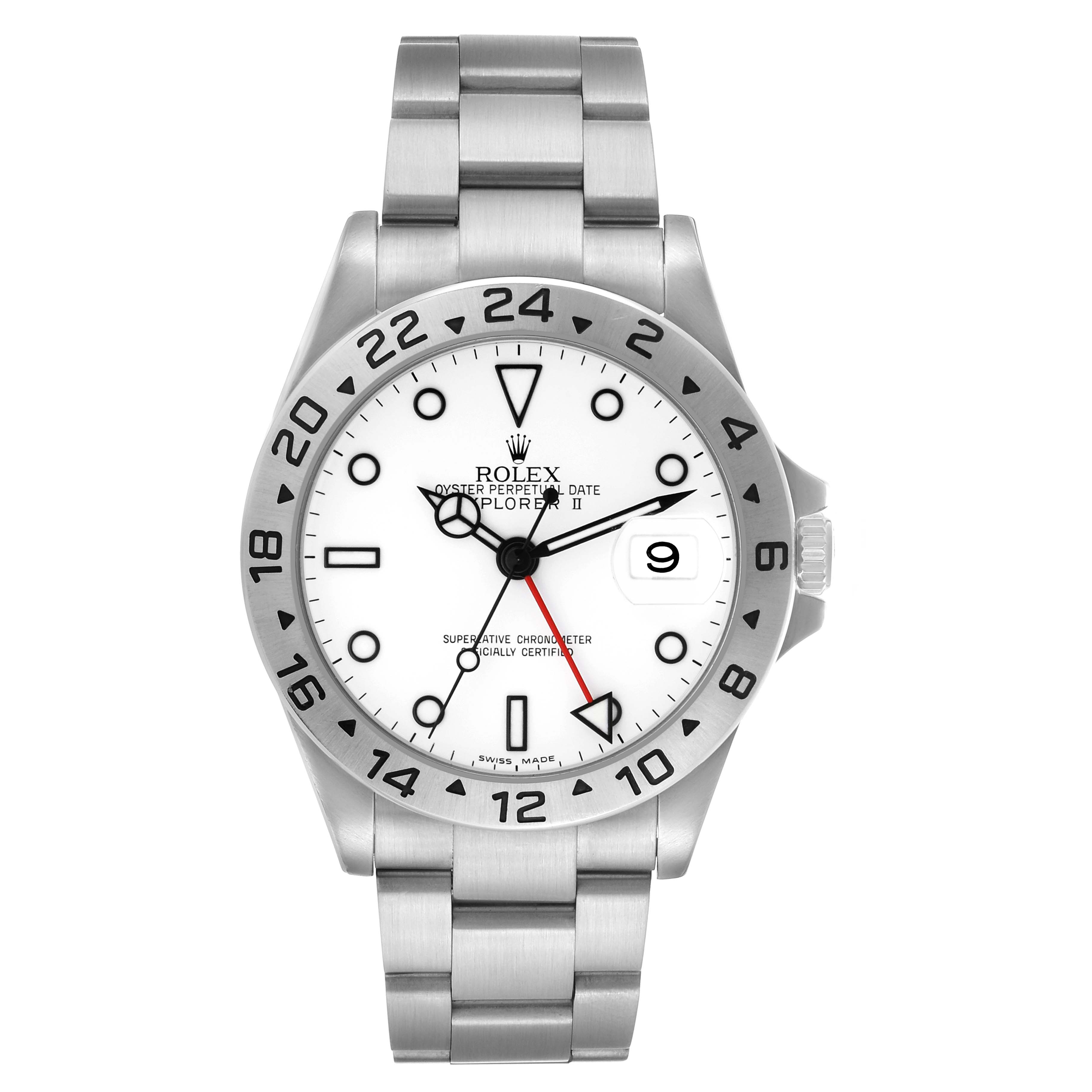 The image shows a Rolex Explorer 16570 Men's Stainless Steel White Dial watch from a front angle, displaying the dial, bezel, bracelet, and crown.