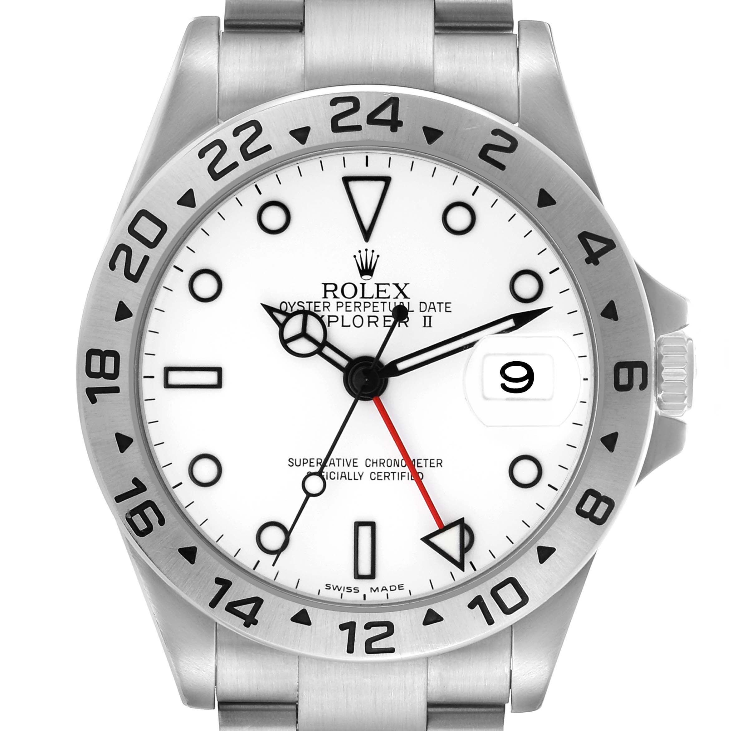 The Rolex Explorer 16570 Men's Stainless Steel White Dial model watch is shown from a front angle, displaying its dial, bezel, and bracelet clearly.