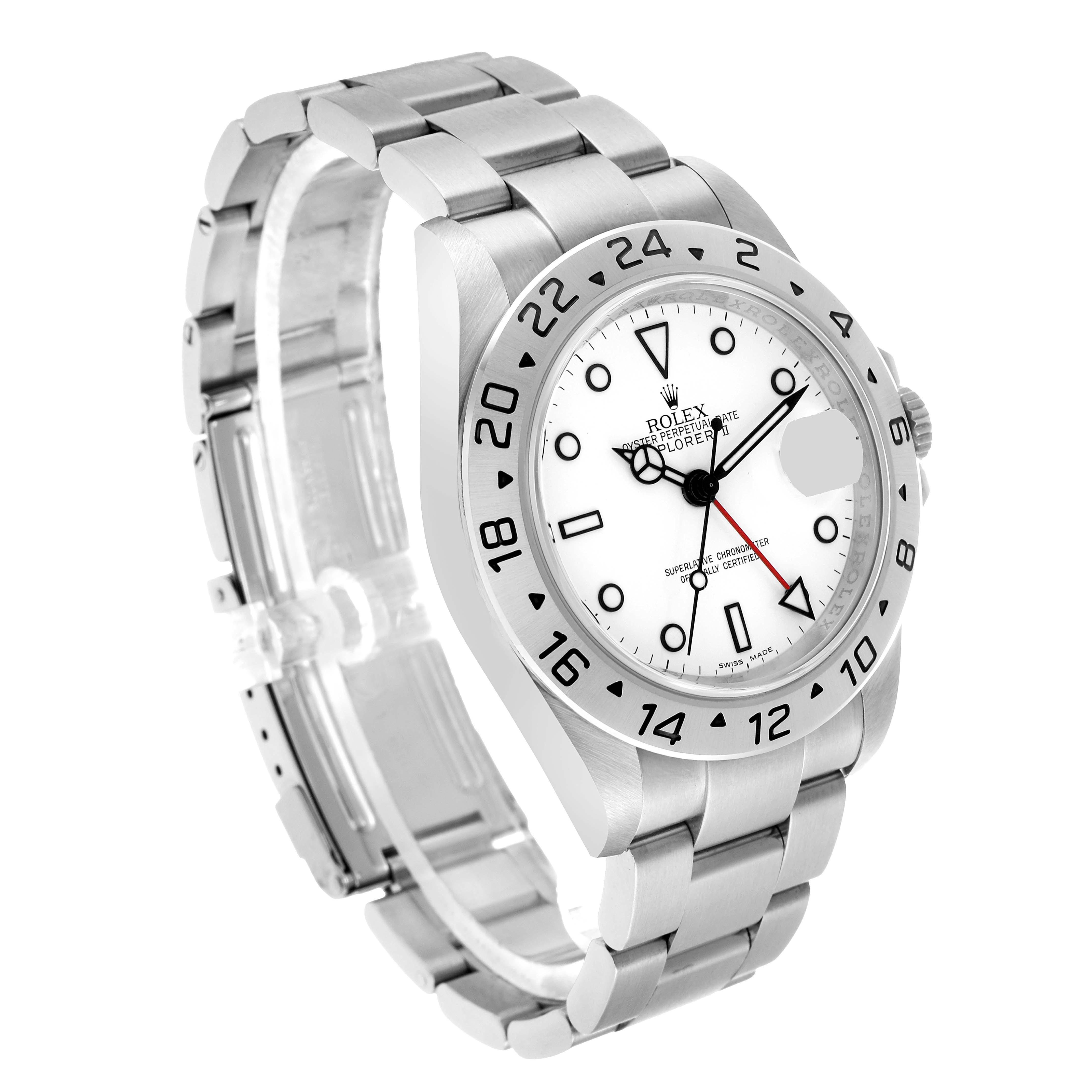 The Rolex Explorer 16570 Men's Stainless Steel White Dial watch is shown at a three-quarter angle, displaying the face, bezel, crown, and bracelet.