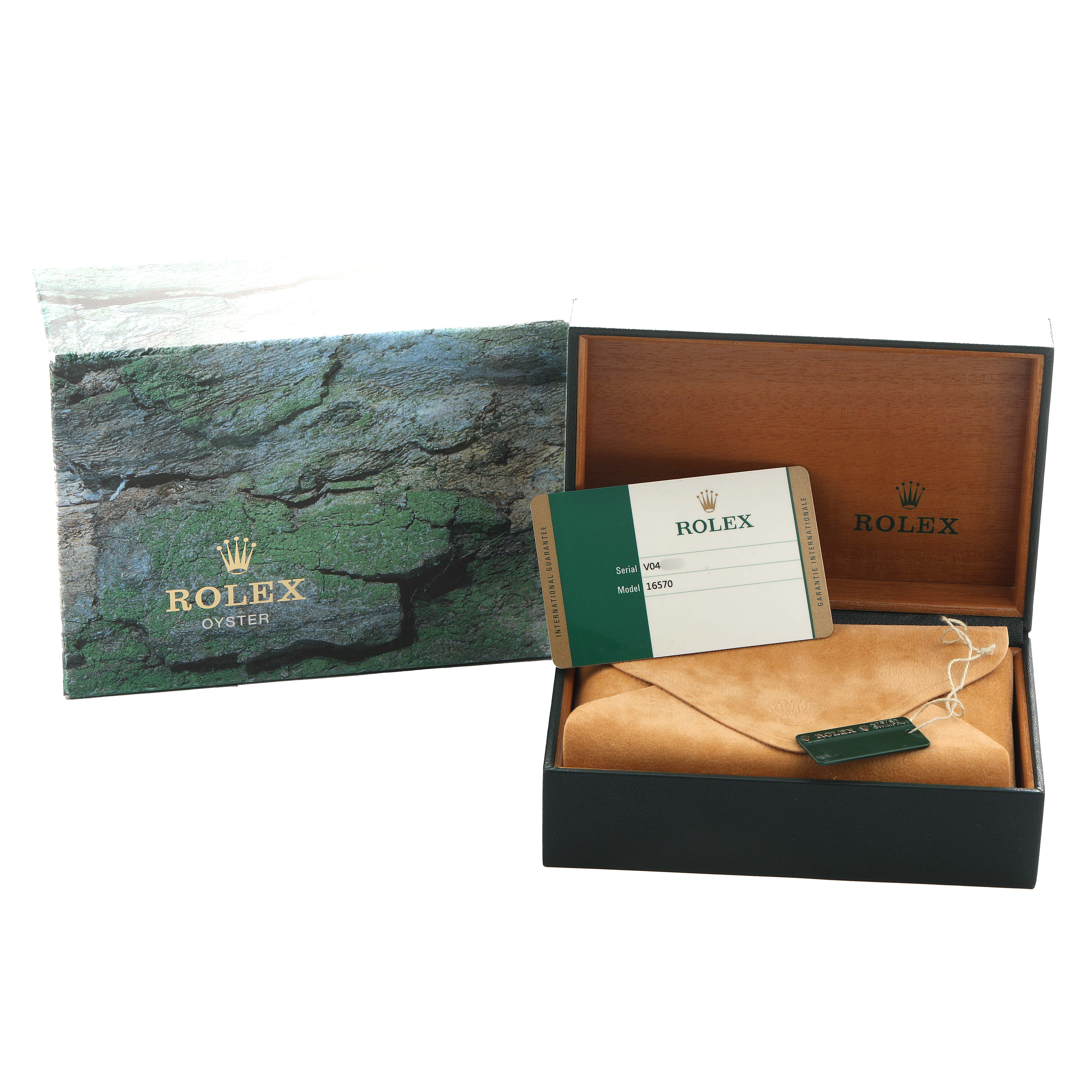 The image shows a Rolex Explorer 16570 Men's Stainless Steel White Dial watch box, an authenticity card, and packaging from a front angle.