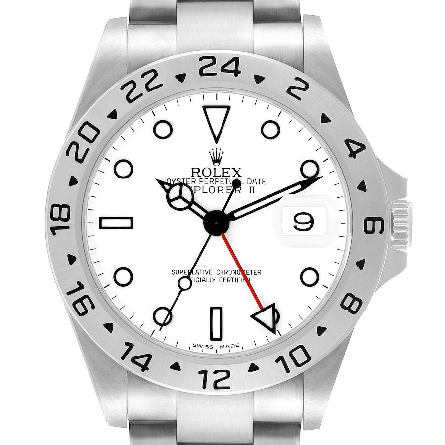 The Rolex Explorer 16570 Men's Stainless Steel White Dial II watch is shown from the front, highlighting the dial, bezel, crown, and part of the bracelet.