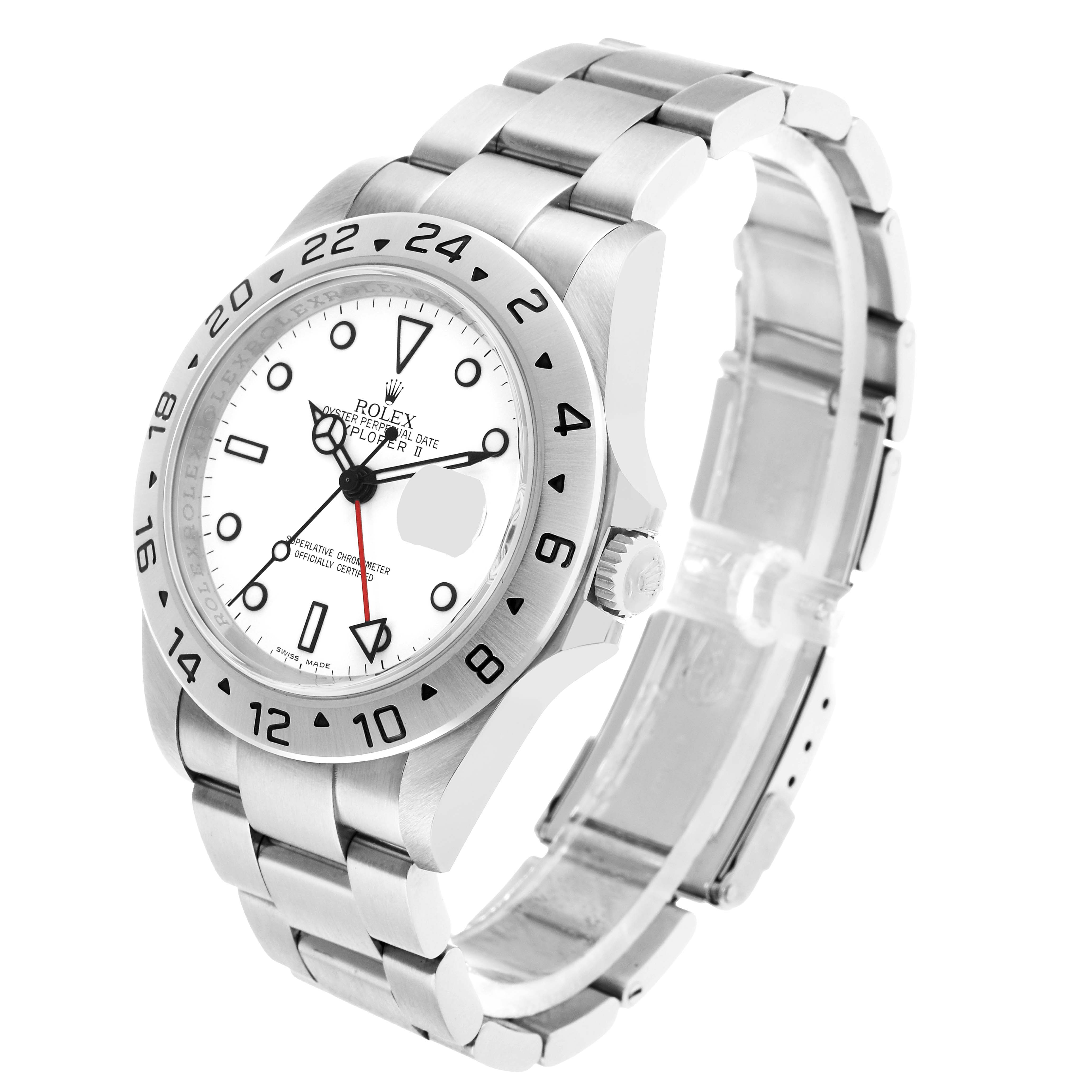 The Rolex Explorer 16570 Men's Stainless Steel White Dial watch is shown at a three-quarter angle, displaying its face, bezel, case, and bracelet clearly.