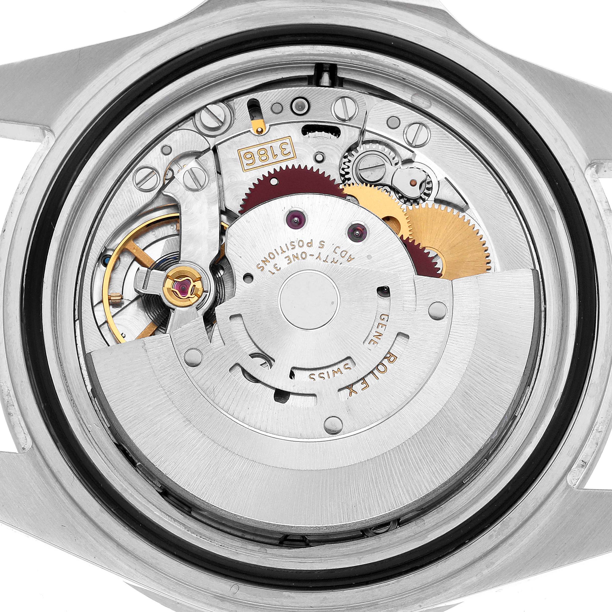 The image shows the back view of the Rolex Explorer 16570 Men's Stainless Steel White Dial, highlighting its intricate movement and gears.