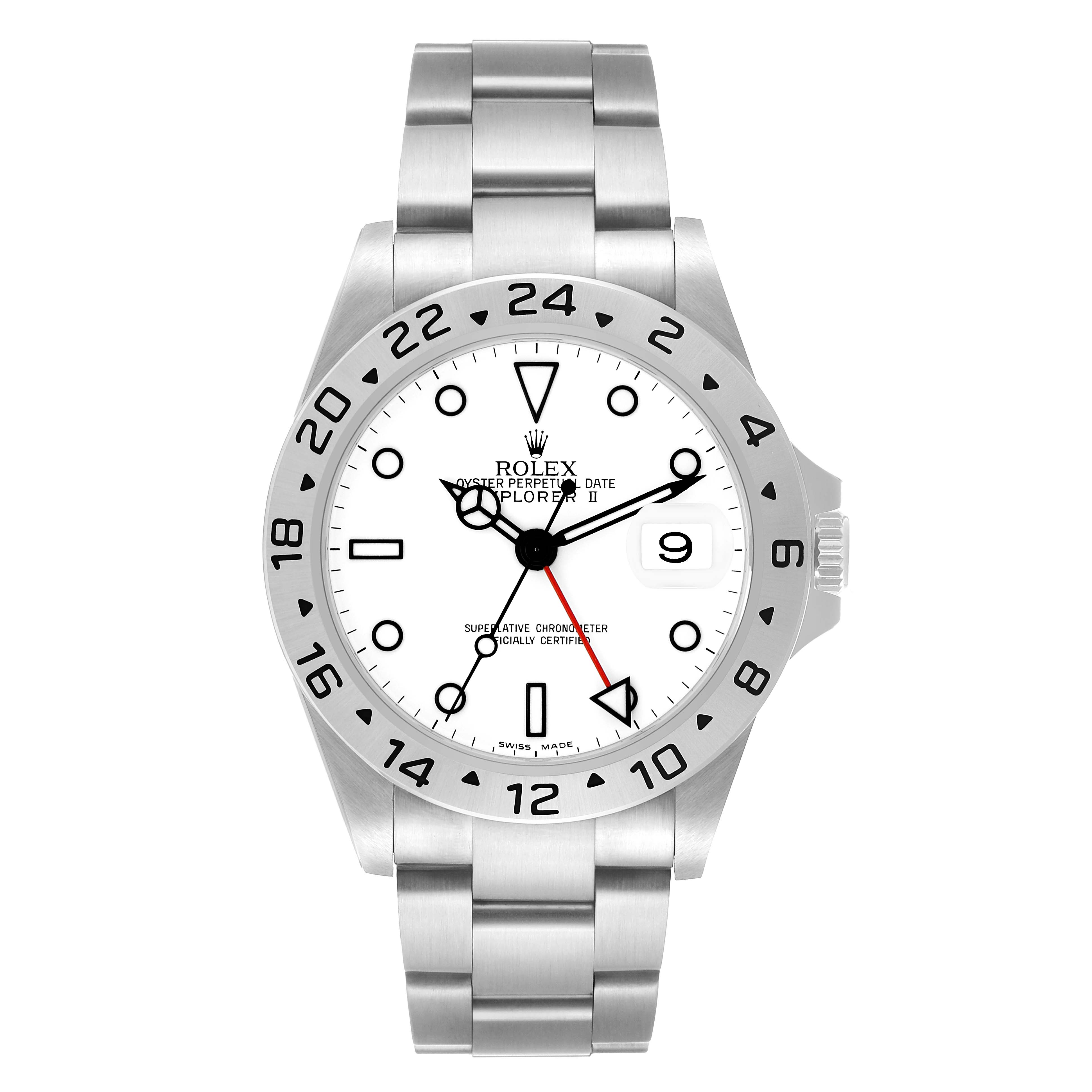 The Rolex Explorer 16570 Men's Stainless Steel White Dial II watch is shown from a frontal angle, highlighting the dial, hands, bezel, and bracelet.